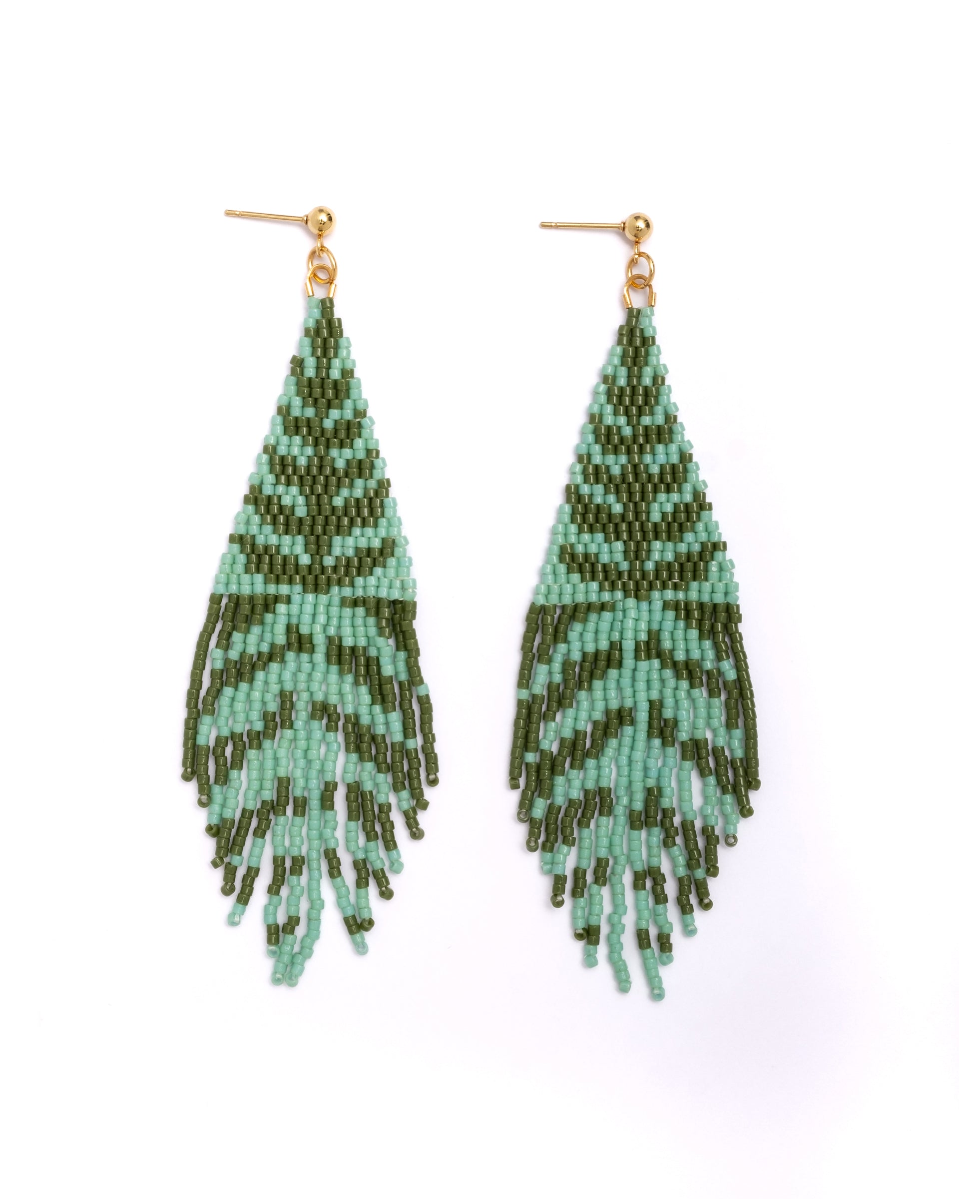 Beaded Handwoven Vine Fringe Earrings - Turquoise/Olive