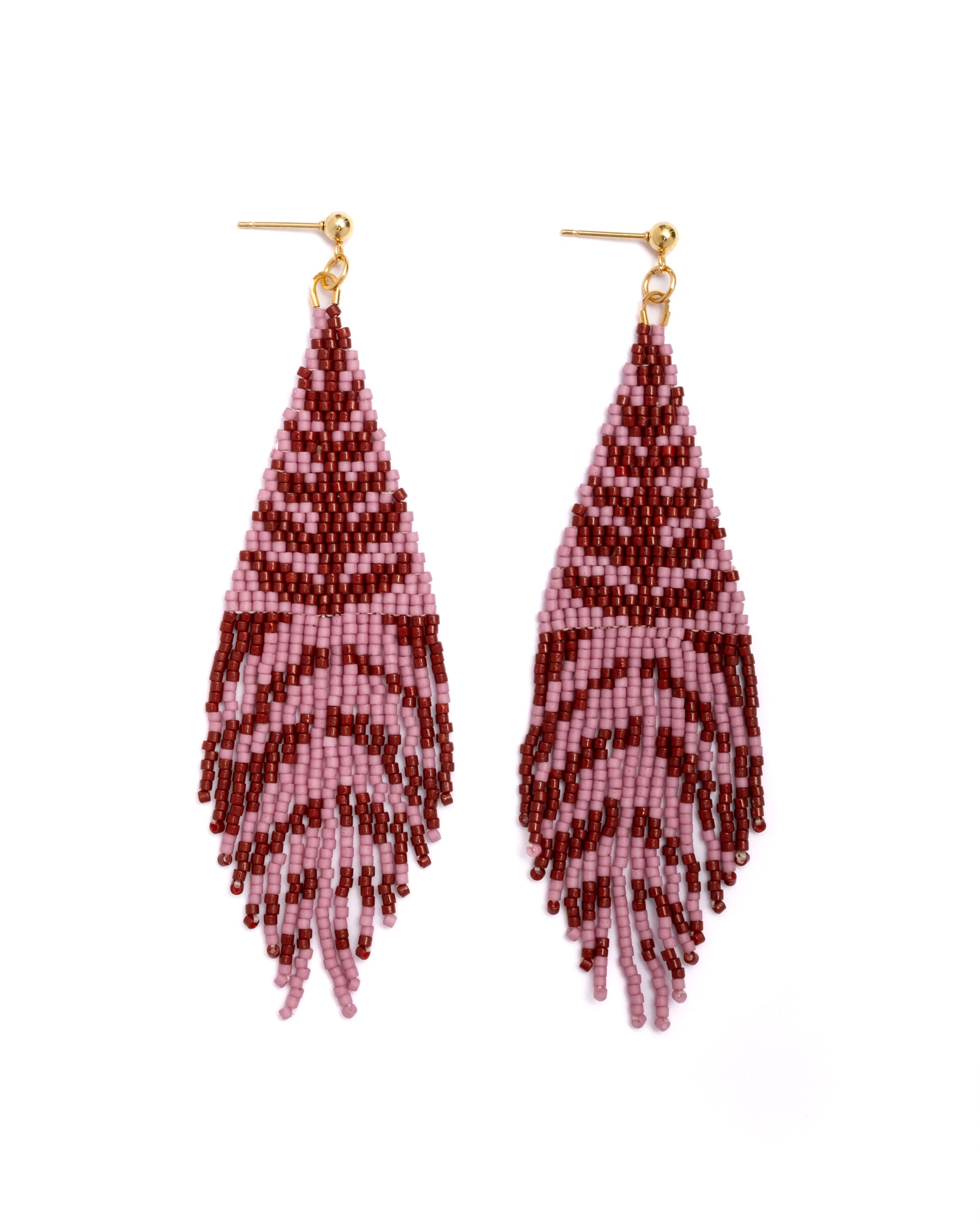 Beaded Handwoven Vine Fringe Earrings - Wine/Lilac