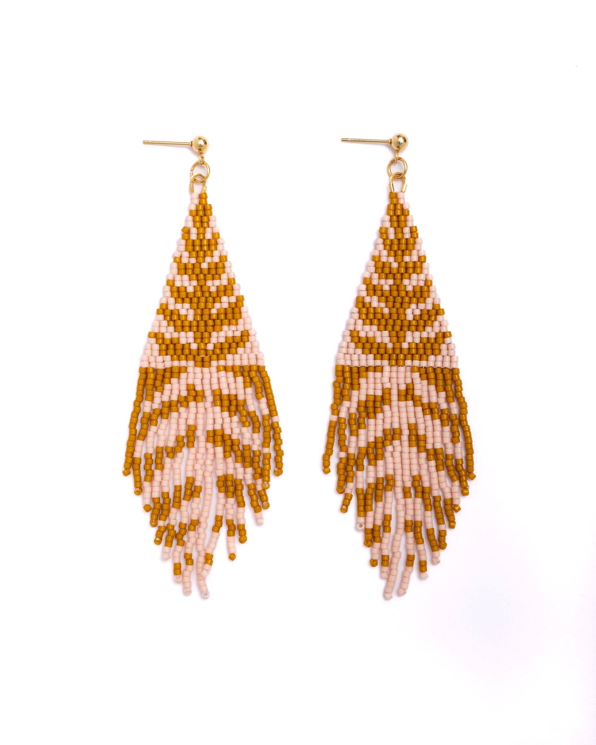 Beaded Handwoven Vine Fringe Earrings - Pink/Mustard