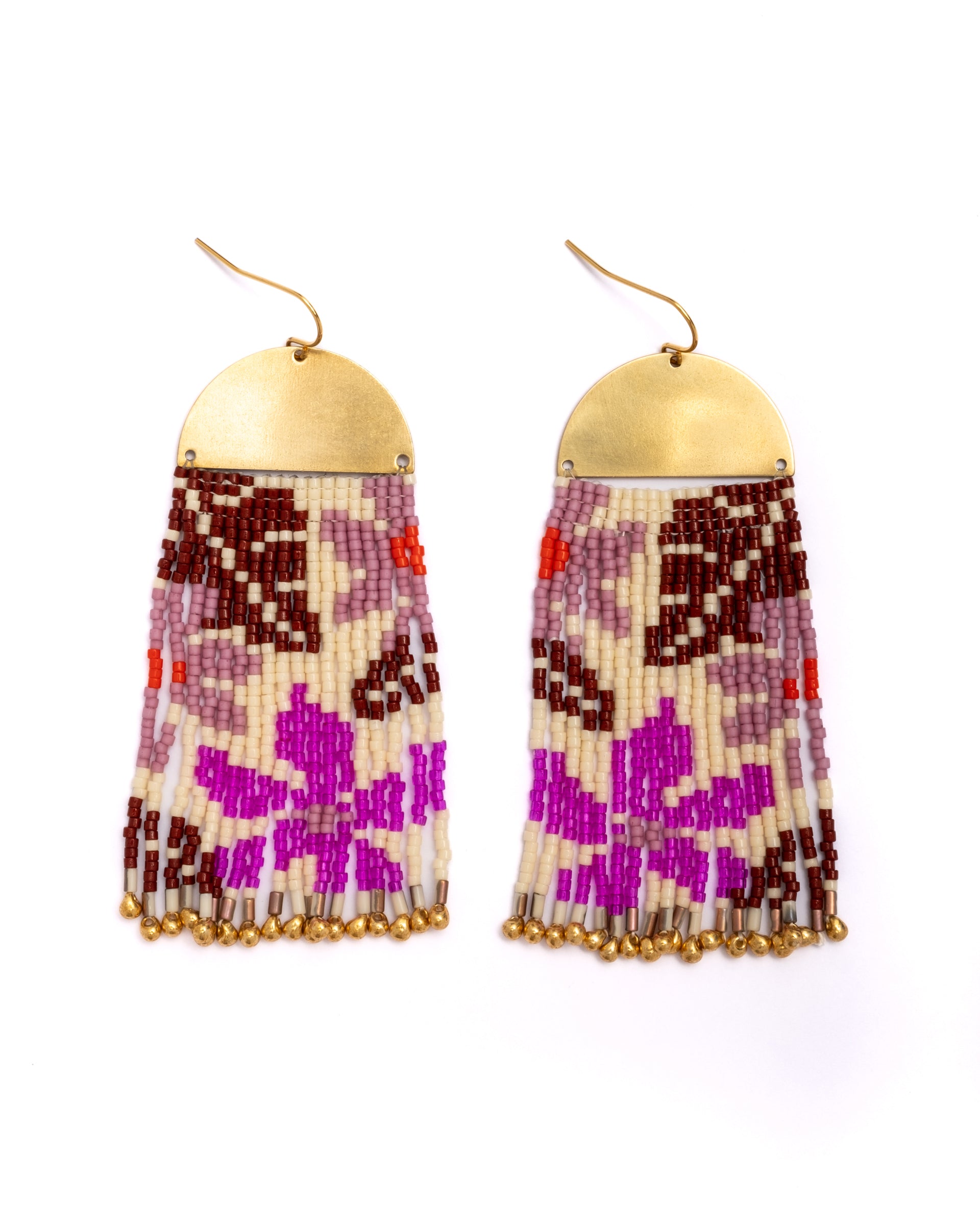 Beaded Handwoven Tropical Fringe Earrings - Wine/Magenta