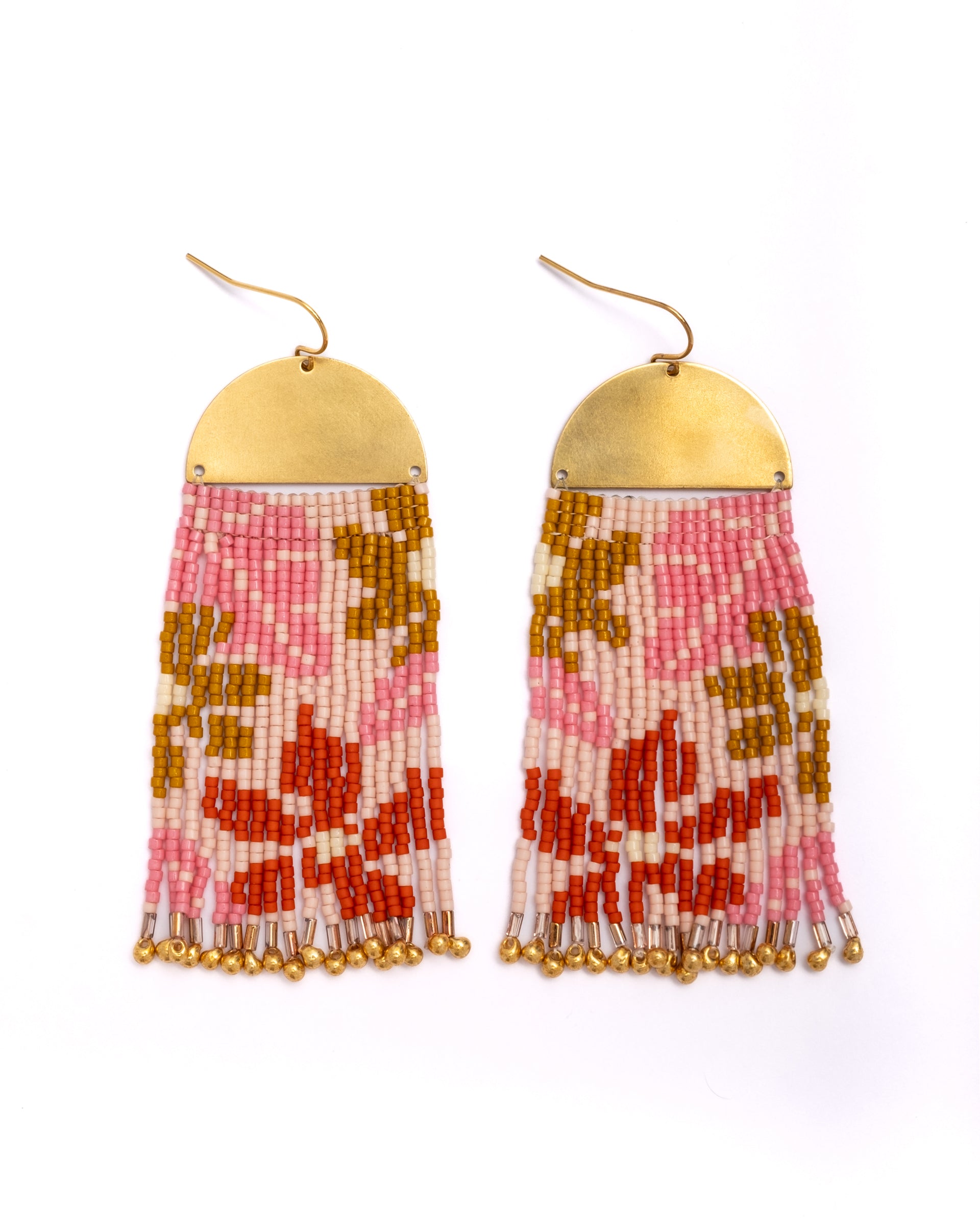 Beaded Handwoven Tropical Fringe Earrings - Pink/Mustard
