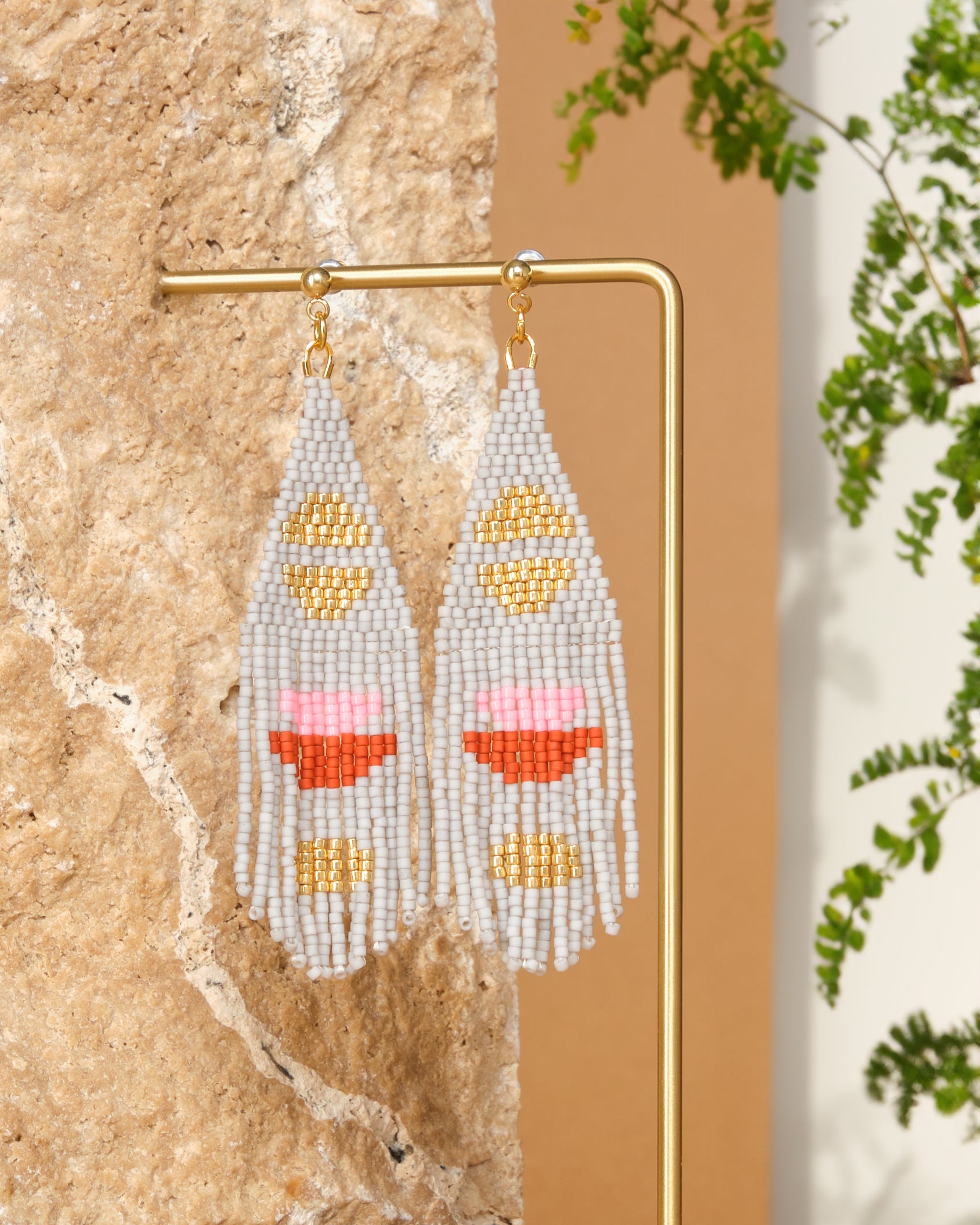 Beaded Handwoven Boho Half Moon Fringe Earrings - Grey