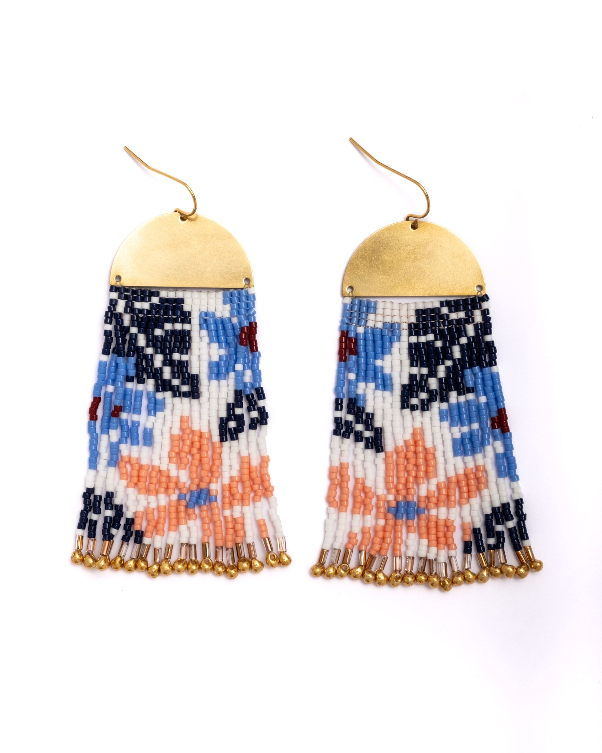 Beaded Handwoven Tropical Fringe Earrings - Blue/Peach