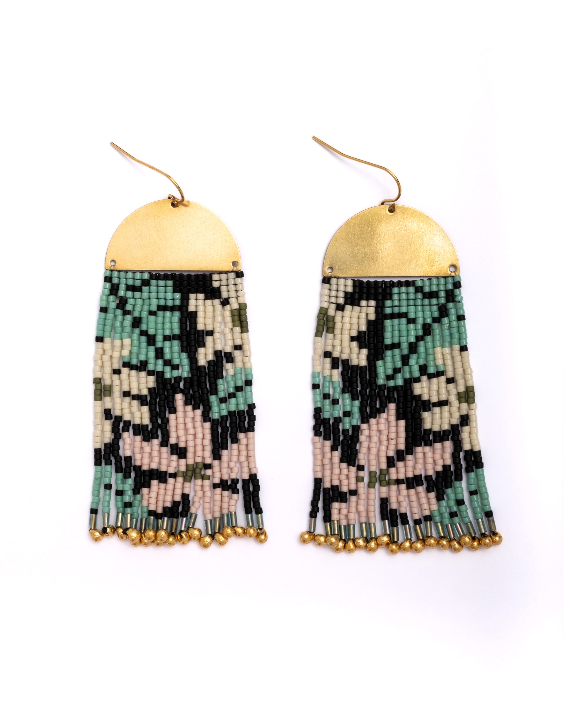 Beaded Handwoven Tropical Fringe Earrings - Green/Pink