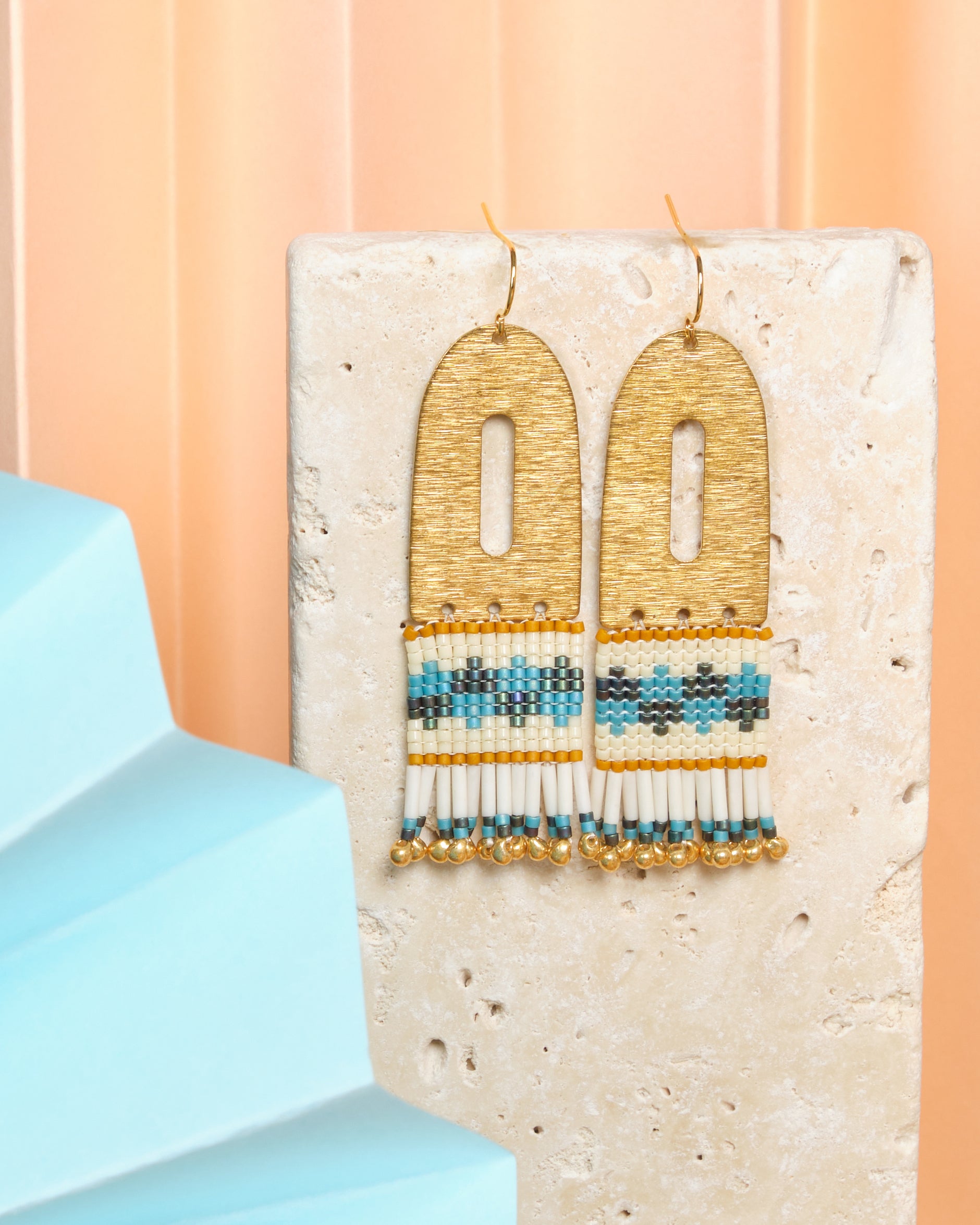 Beaded Handwoven Color Block Earrings - Aqua/Teal