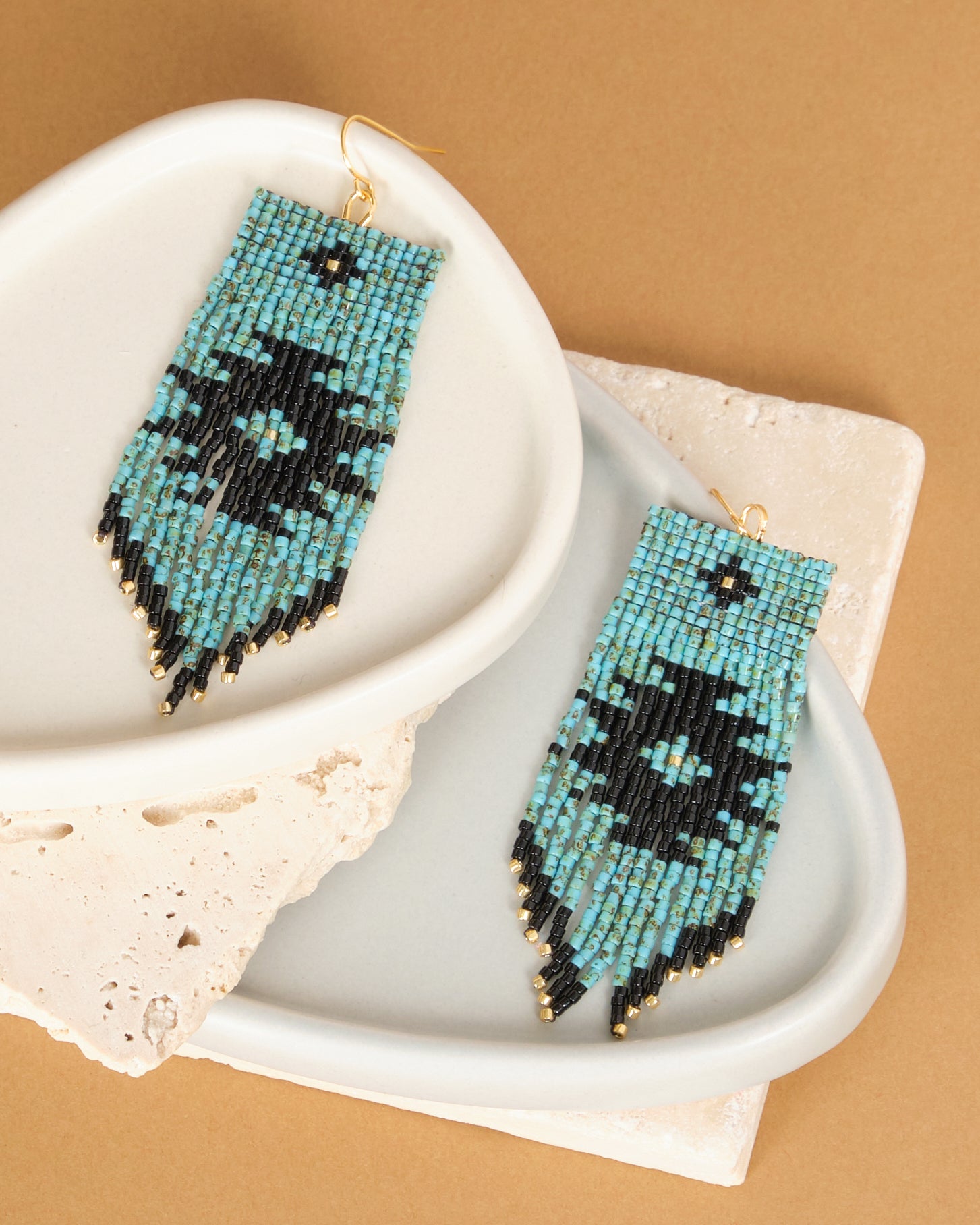 Beaded Handwoven Tribal Fringe Earrings - Aqua/Black