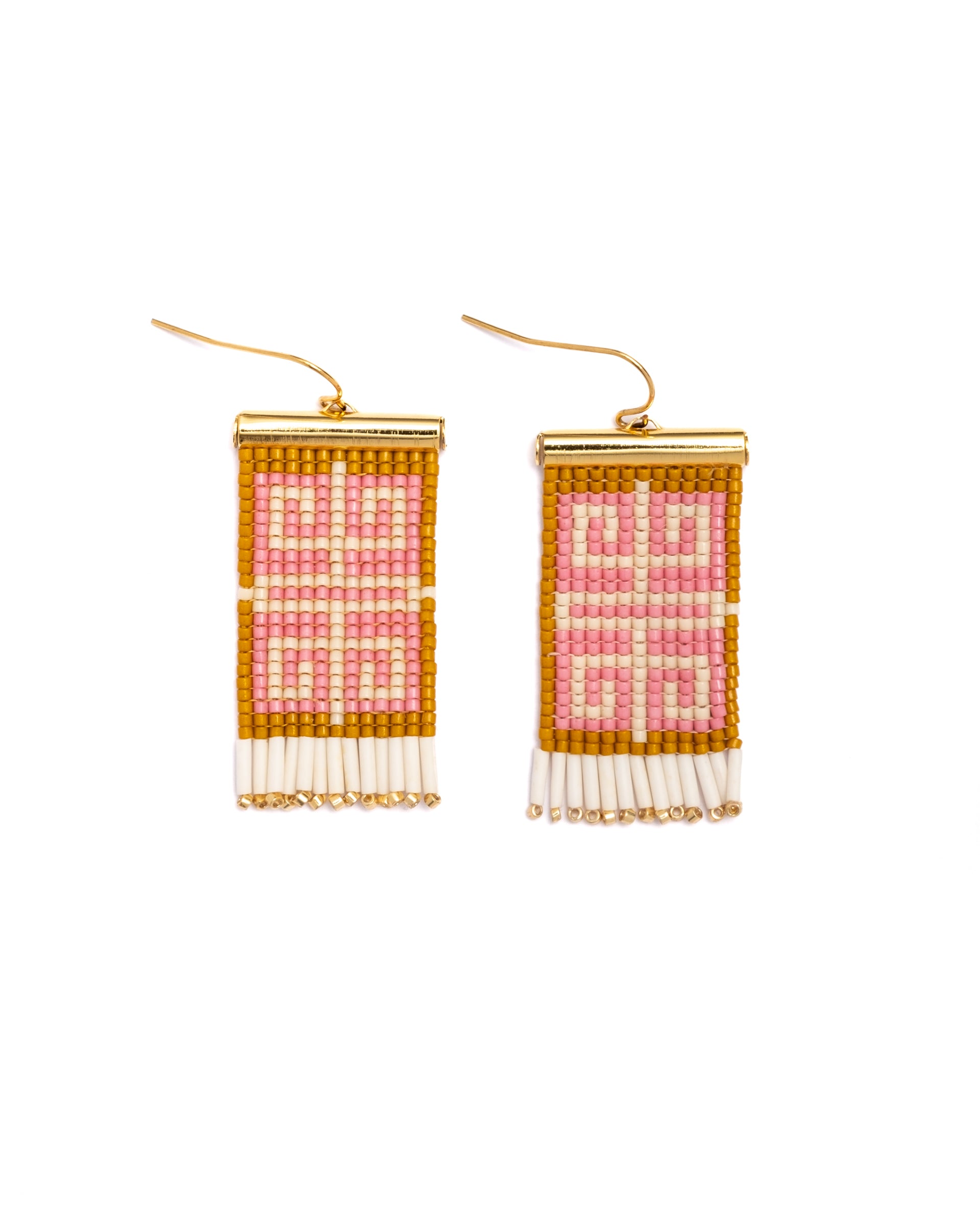 Beaded Handwoven Jungle Labyrinth Earrings - Pink/Mustard