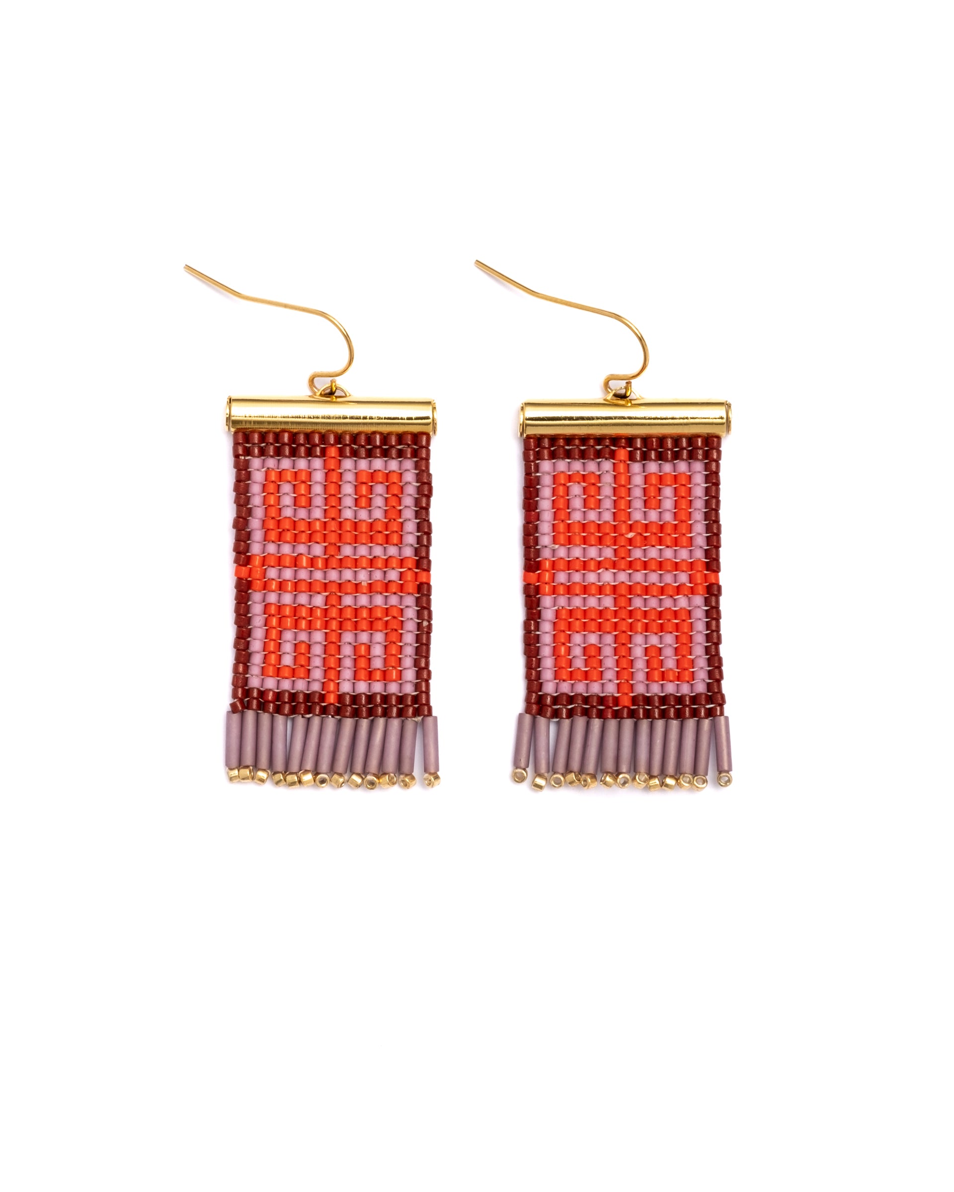 Beaded Handwoven Jungle Labyrinth Earrings- Wine/Red