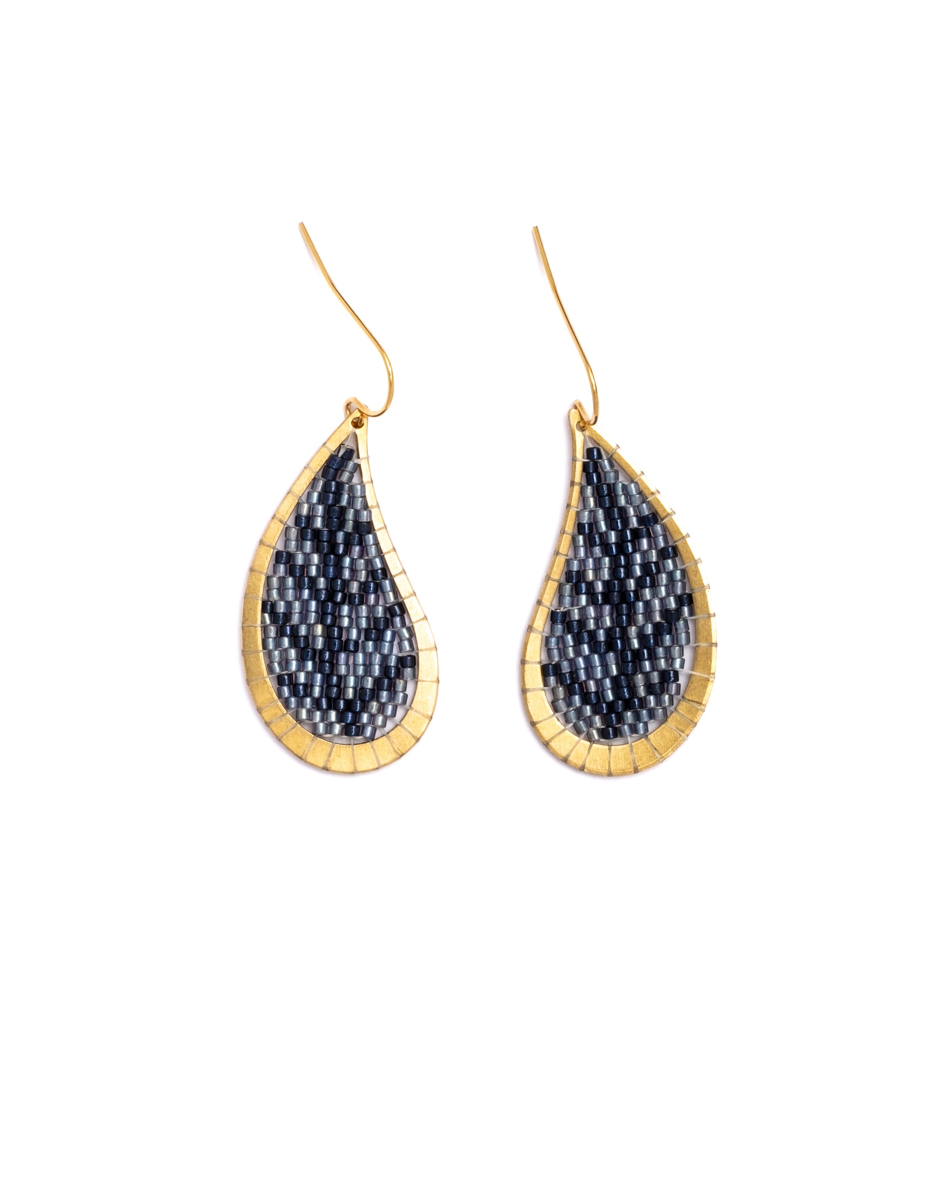 Beaded Handwoven Brass Framed Leaf Earrings - Blue