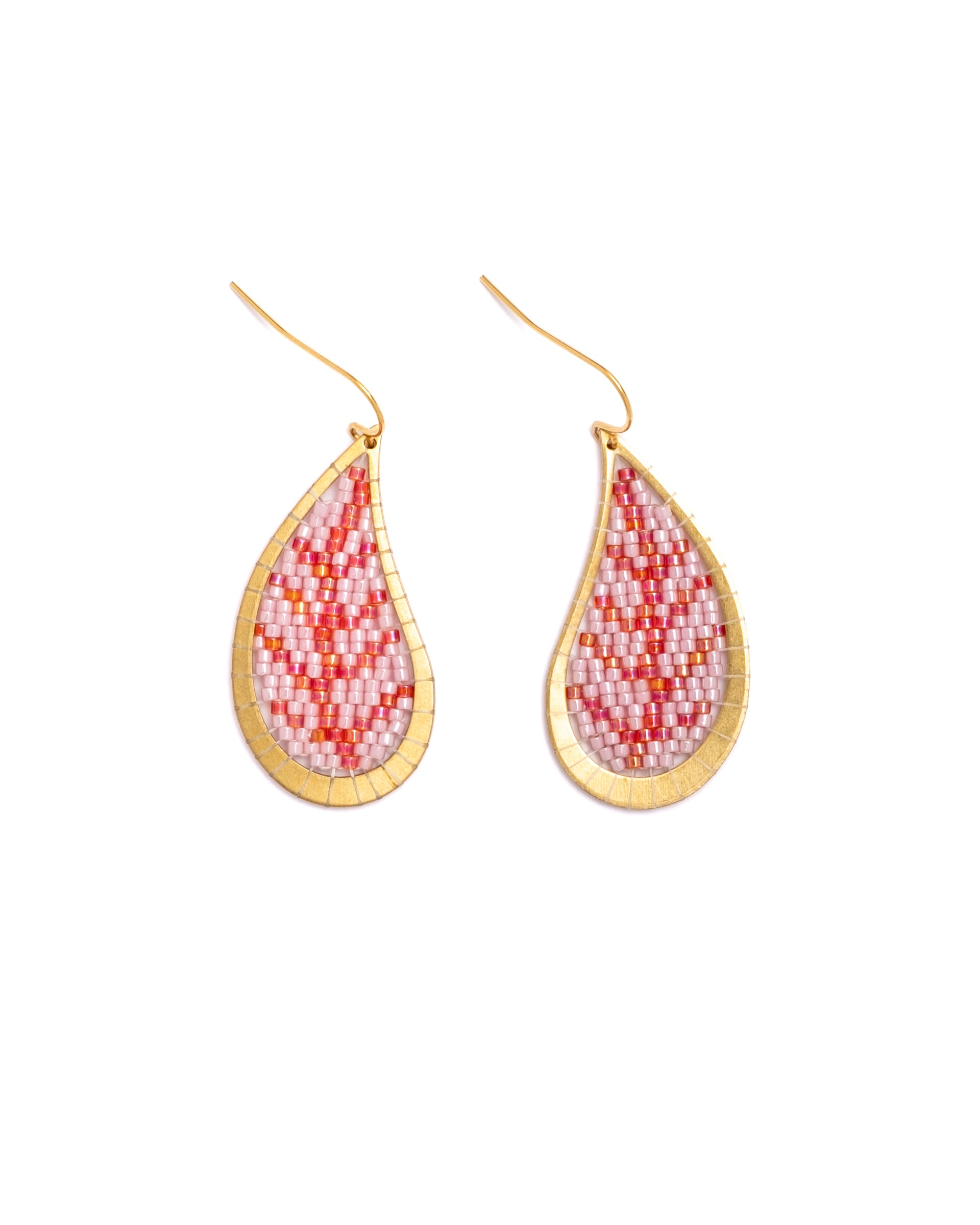 Beaded Handwoven Brass Framed Leaf Earrings - Pink