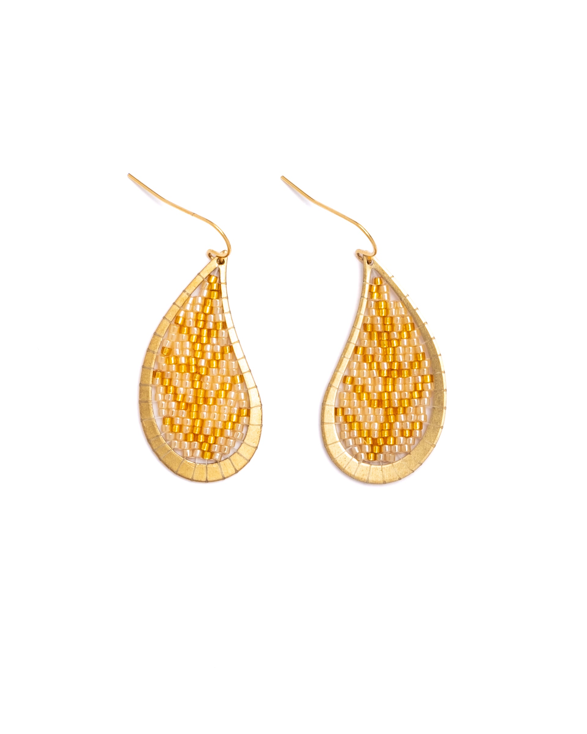 Beaded Handwoven Brass Framed Leaf Earrings - Yellow