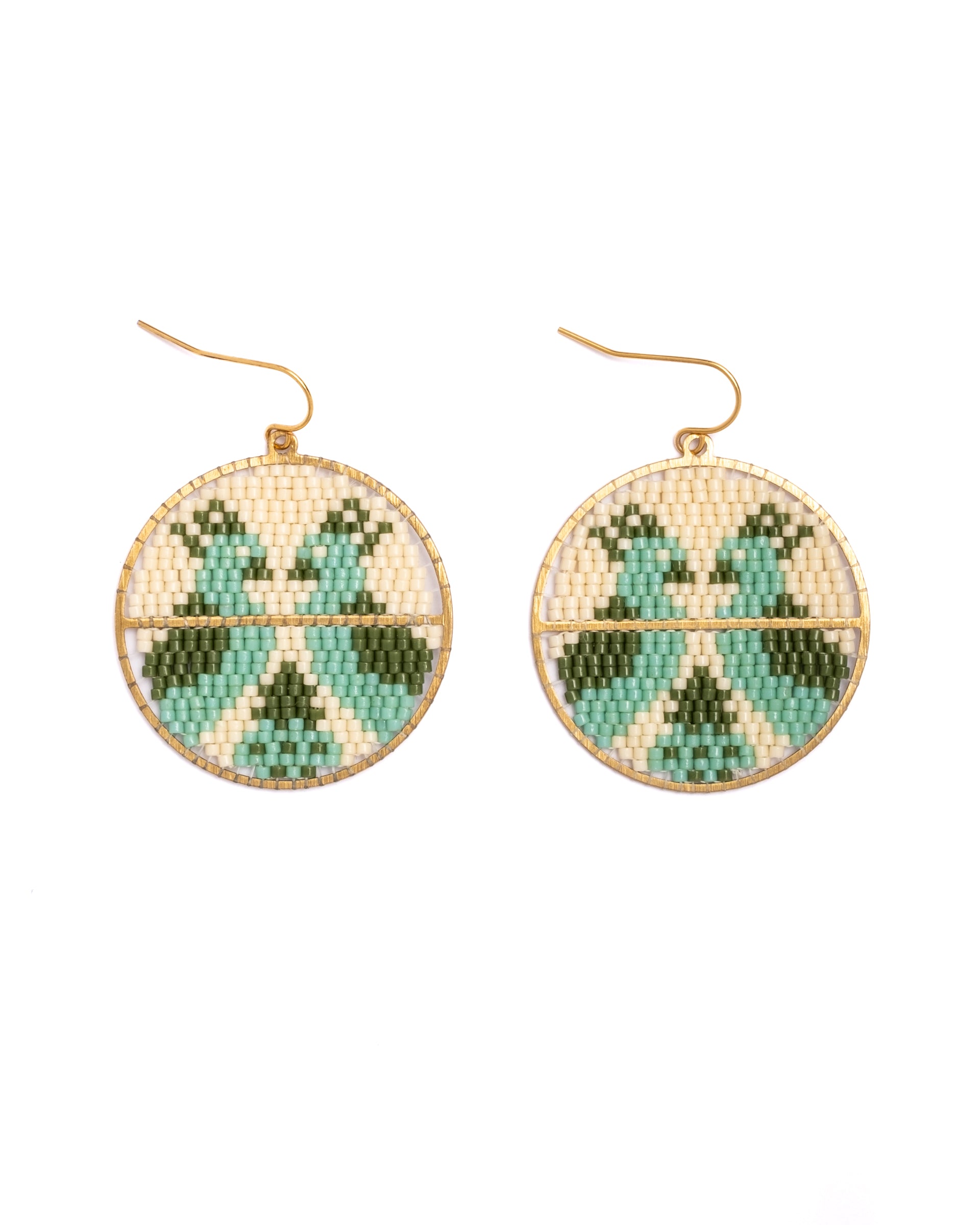 Beaded Handwoven Twin Bird Earrings - Green/Cream