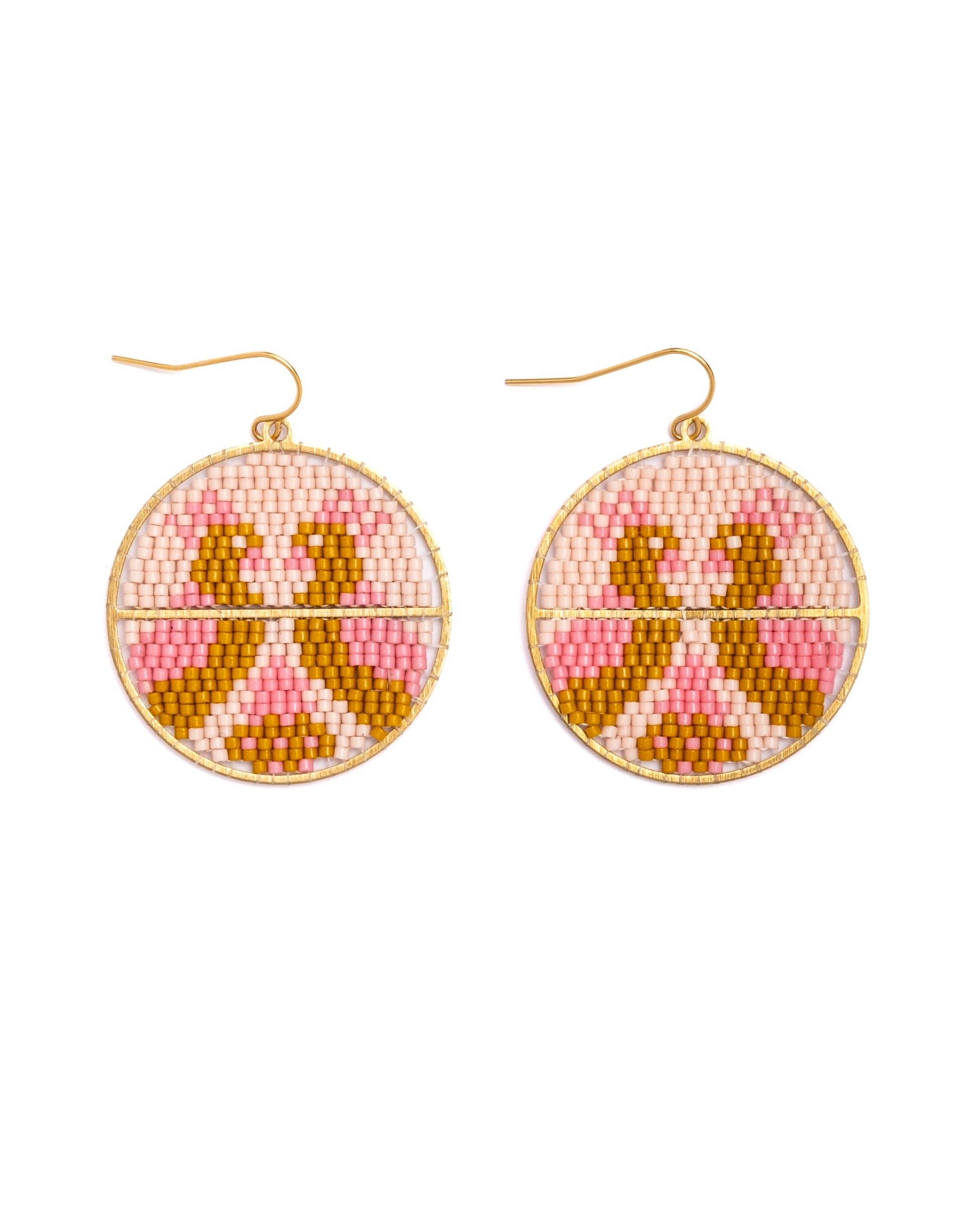 Beaded Handwoven Twin Bird Earrings - Pink/Mustard