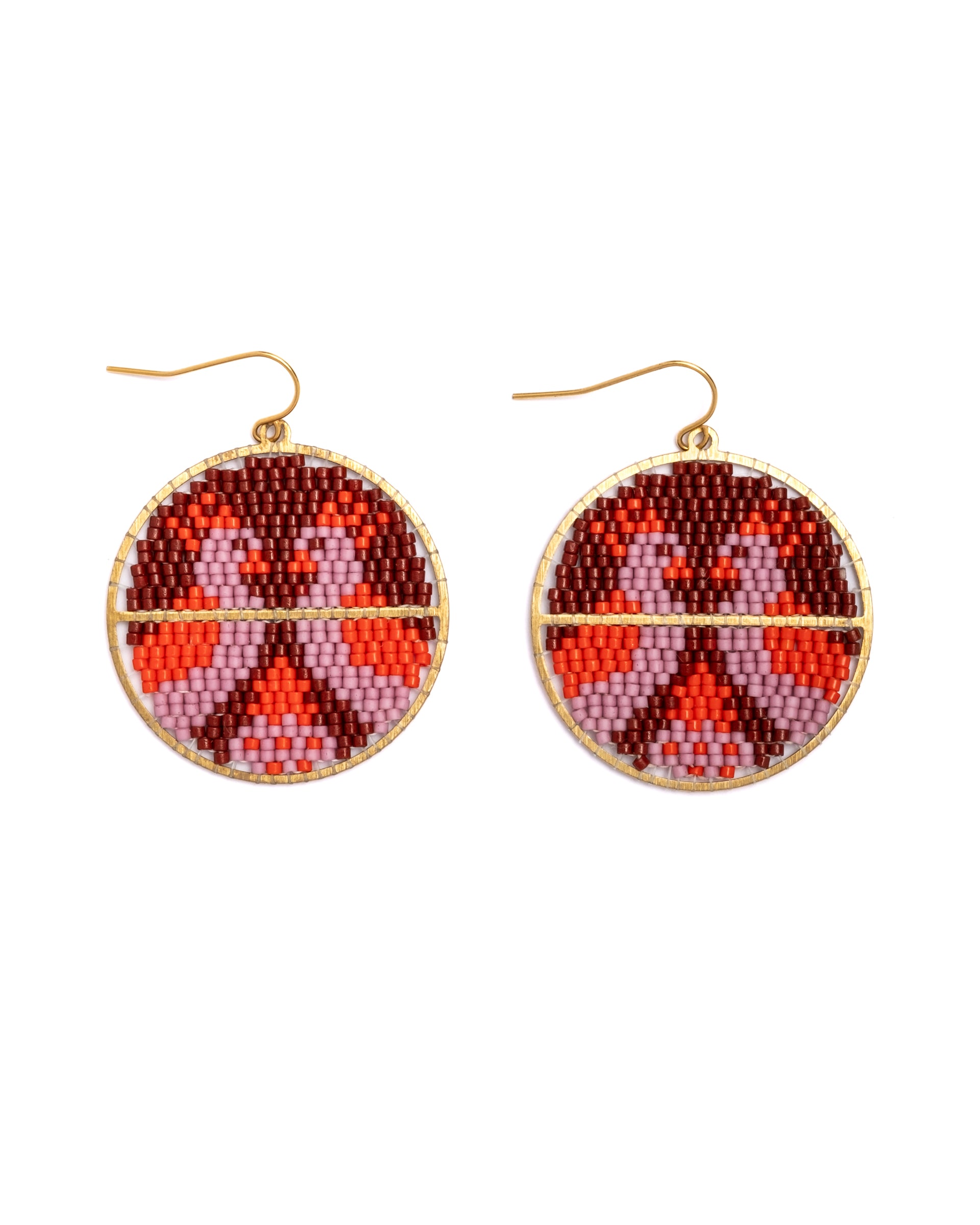 Beaded Handwoven Twin Bird Earrings - Wine/Lilac