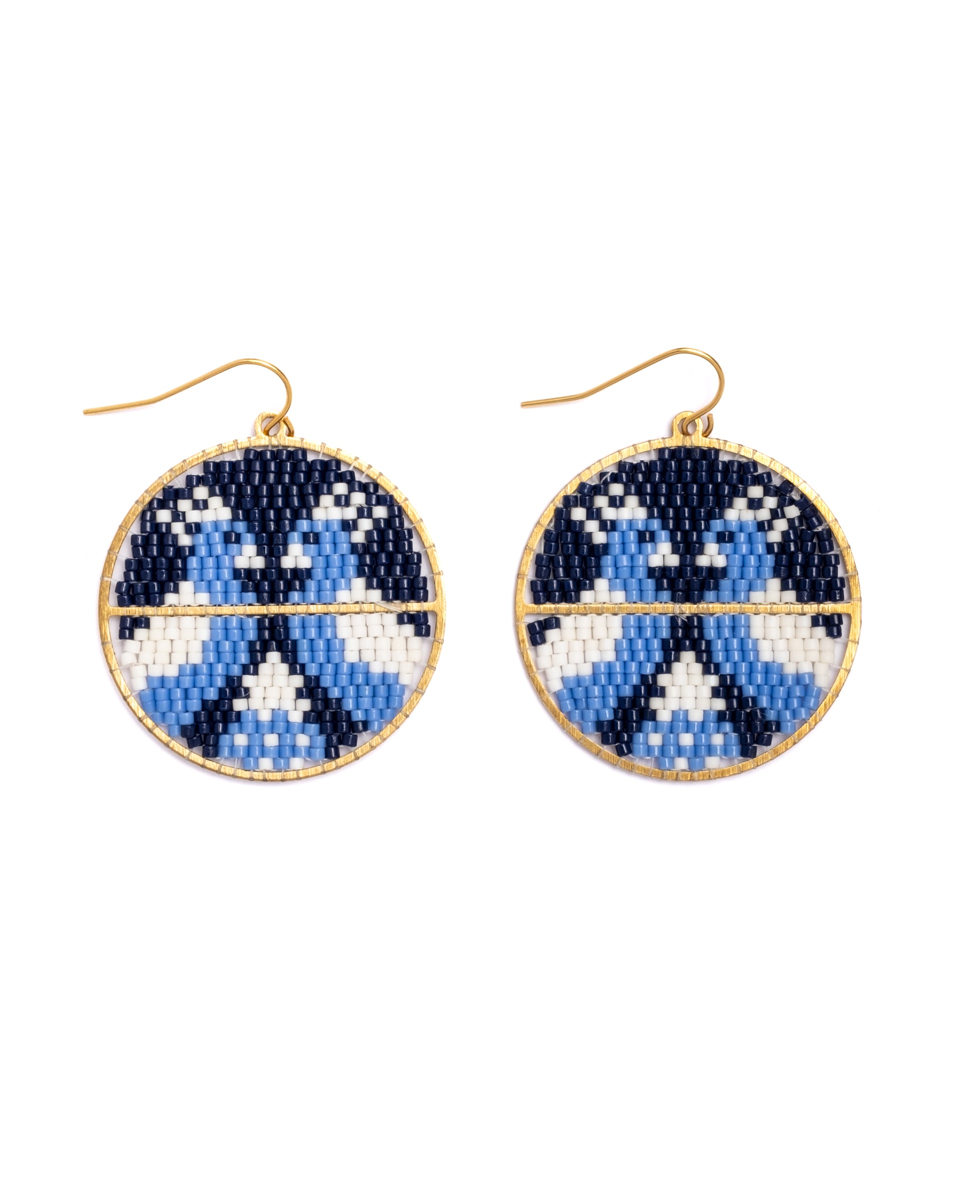 Beaded Handwoven Twin Bird Earrings - Blue/White