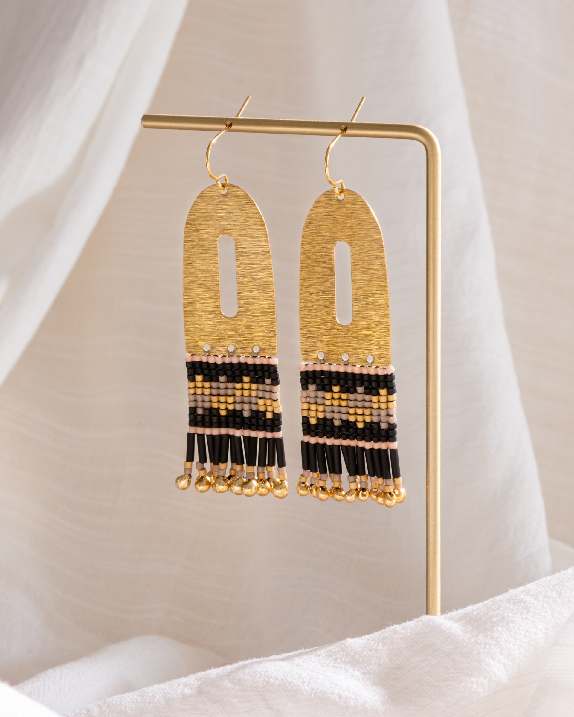 Beaded Handwoven Color Block Earrings - Black