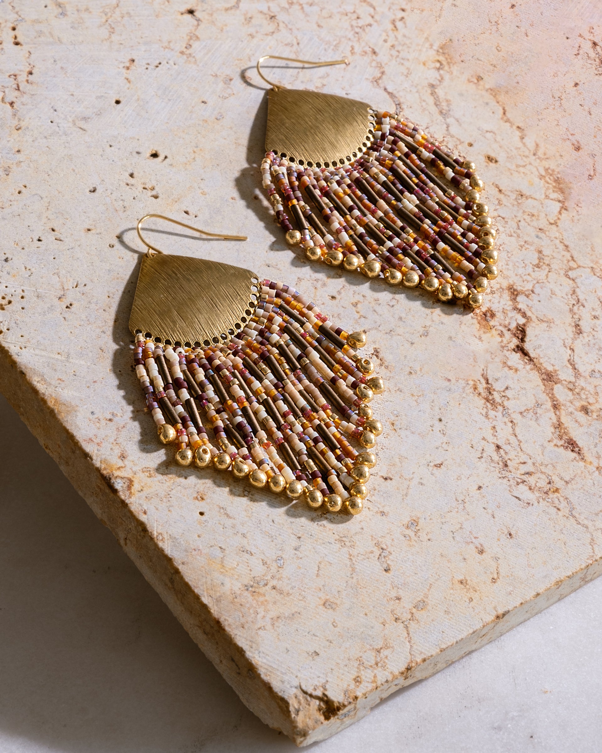 Beaded Handwoven Confetti Fringe Earrings - Neutral