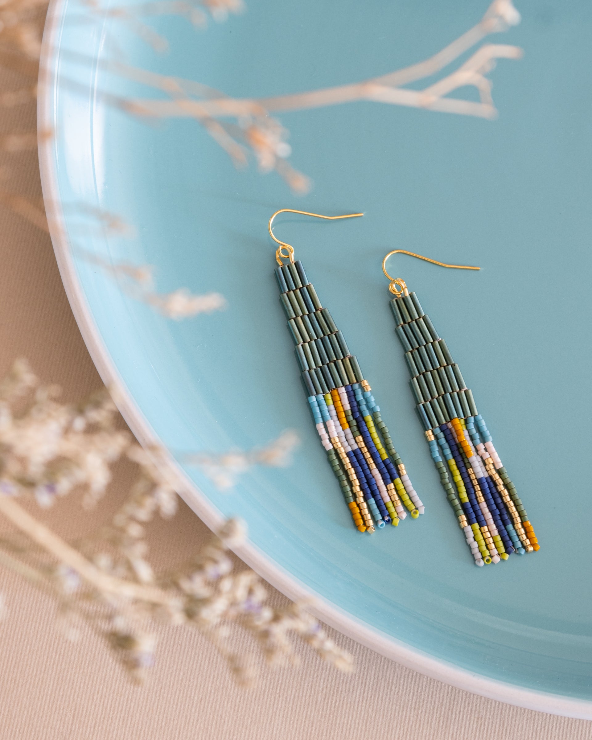 Beaded Handwoven Abstract Linear and Tube Earrings - Emerald