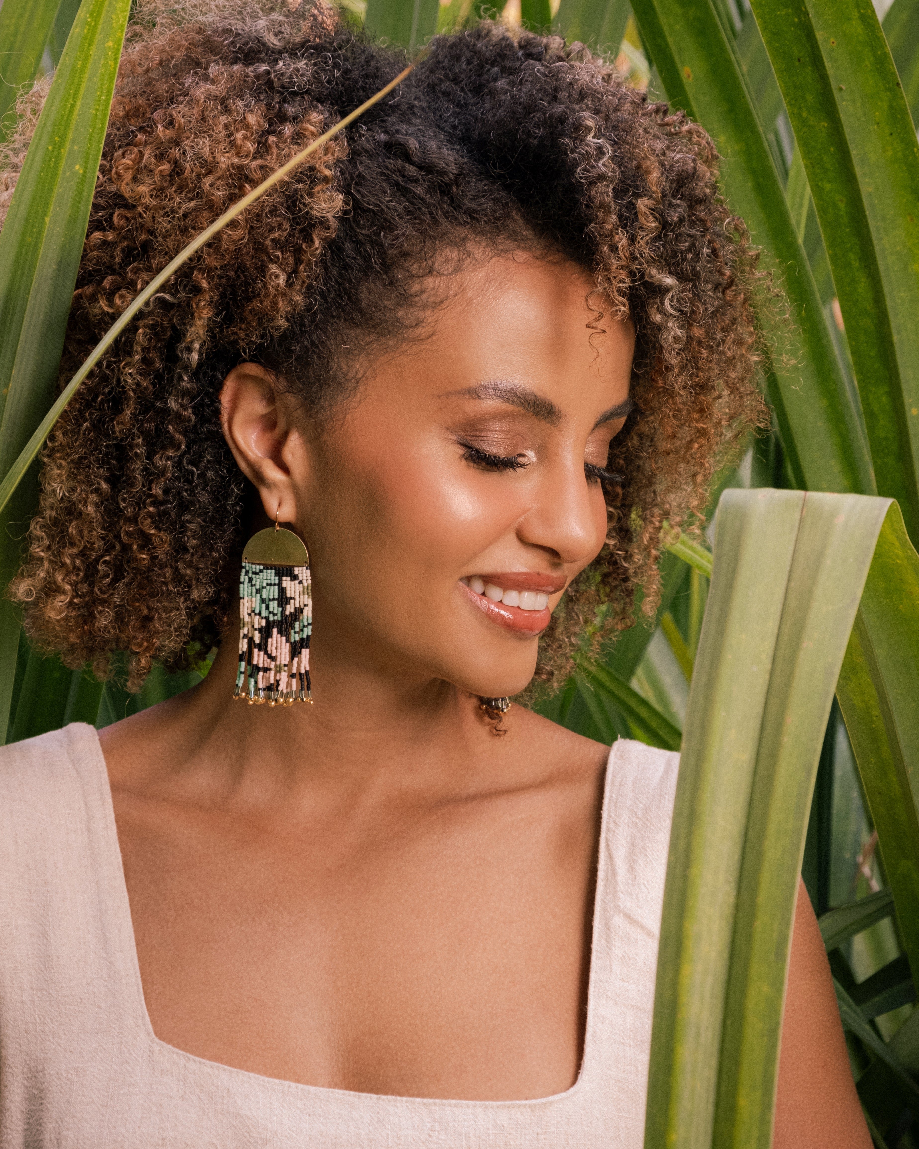 Beaded Handwoven Tropical Fringe Earrings - Green/Pink