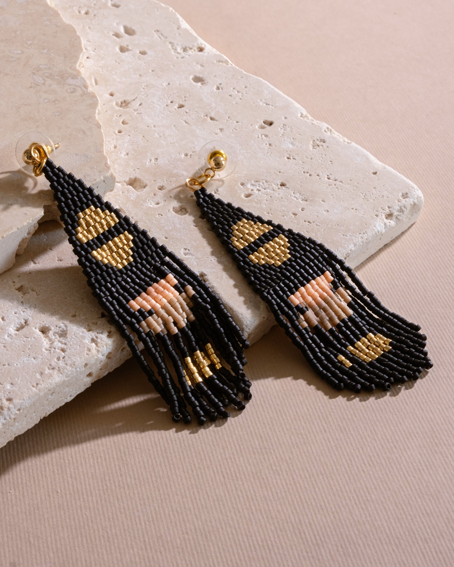 Beaded Handwoven Boho Half Moon Fringe Earrings - Black