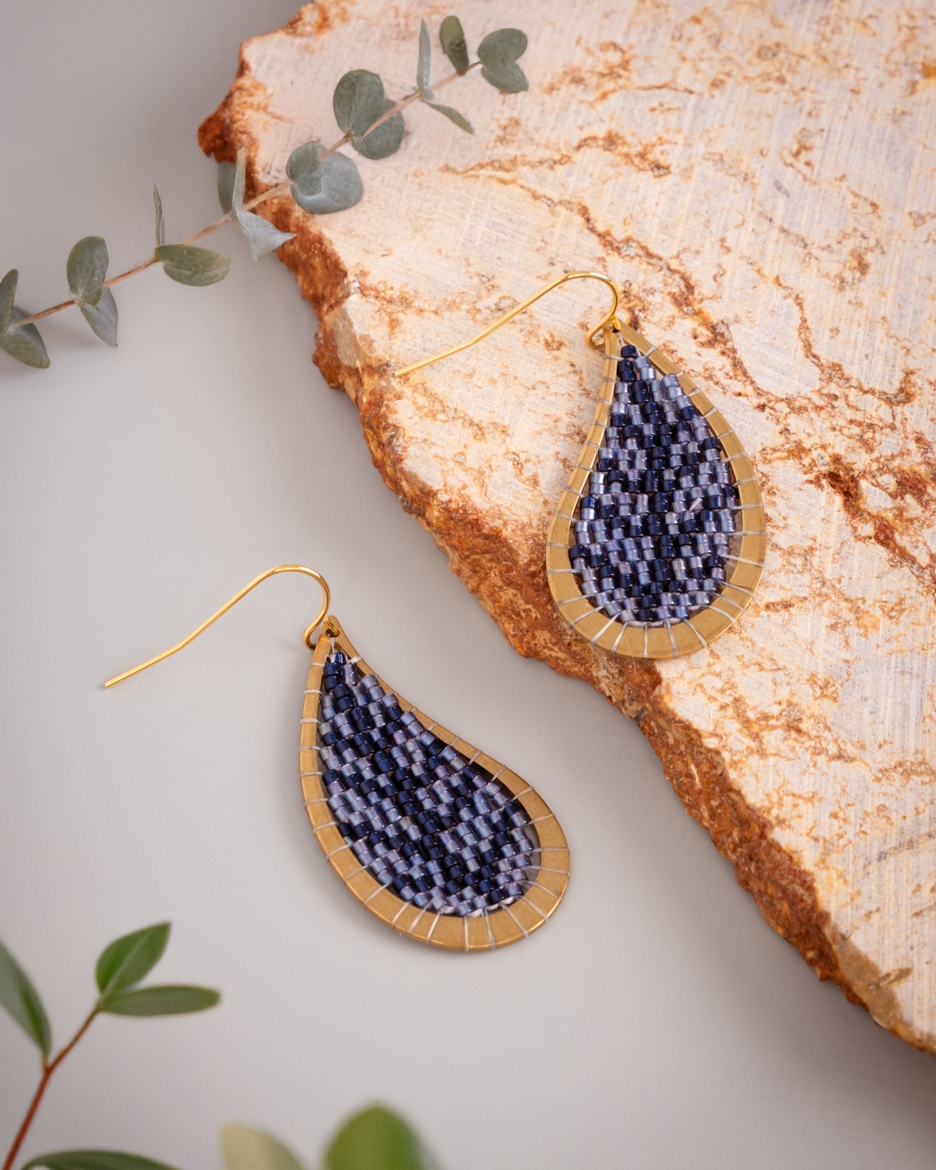 Beaded Handwoven Brass Framed Leaf Earrings - Blue