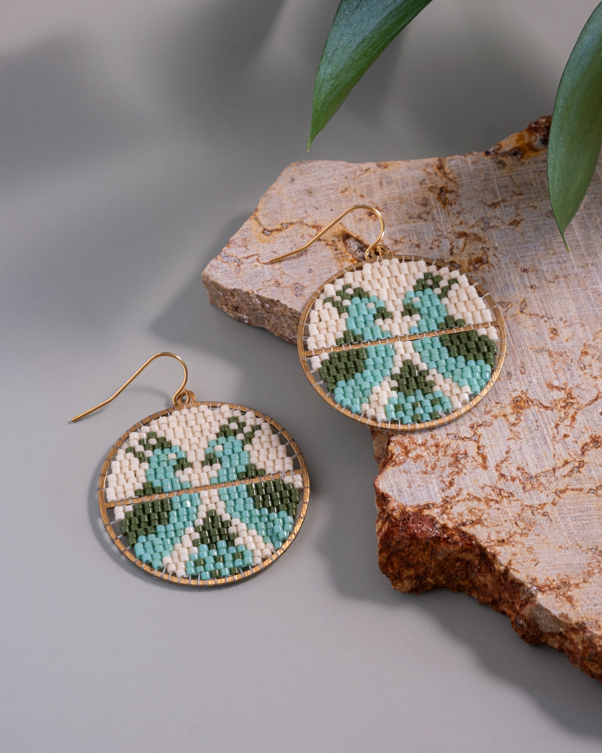Beaded Handwoven Twin Bird Earrings - Green/Cream