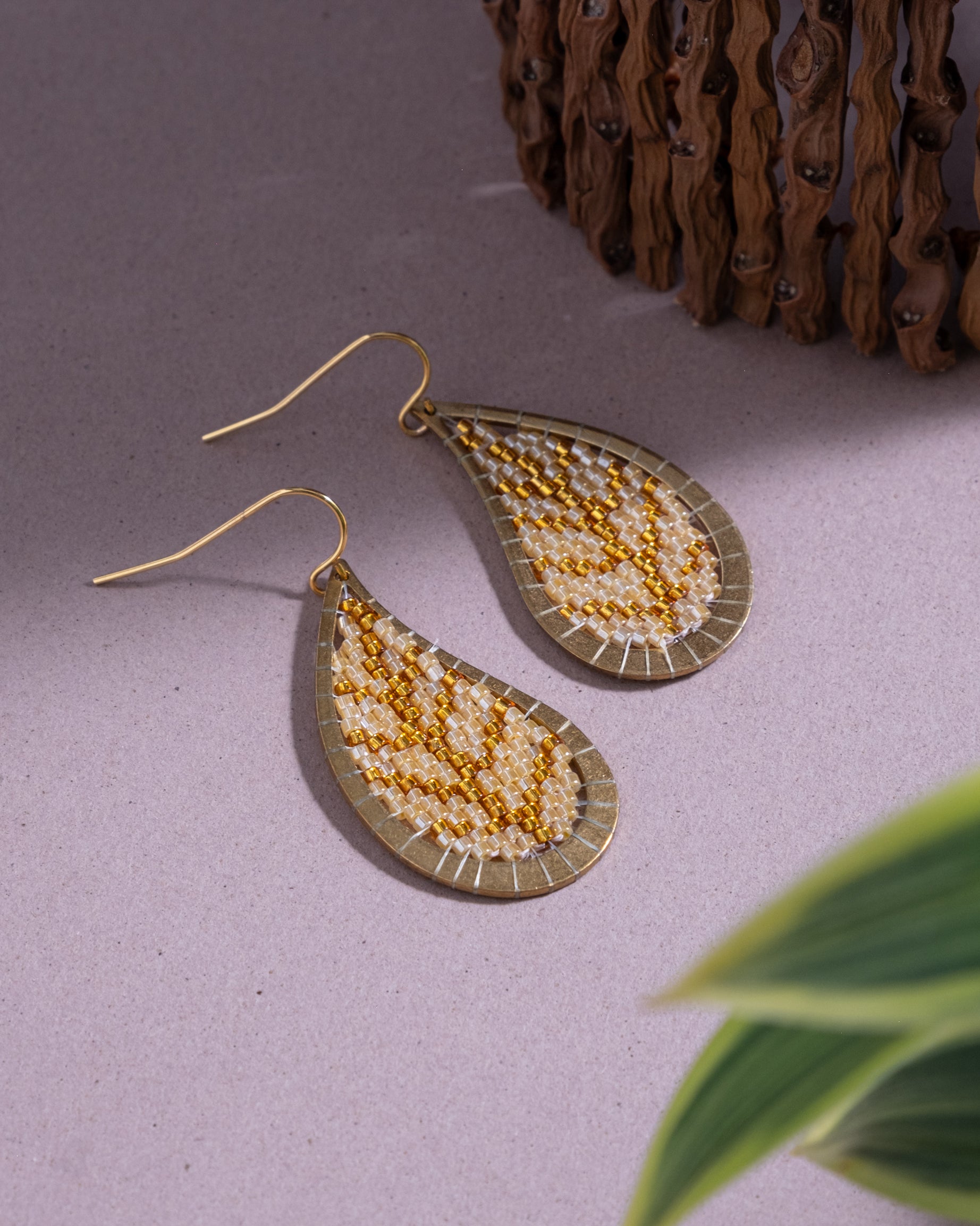 Beaded Handwoven Brass Framed Leaf Earrings - Yellow