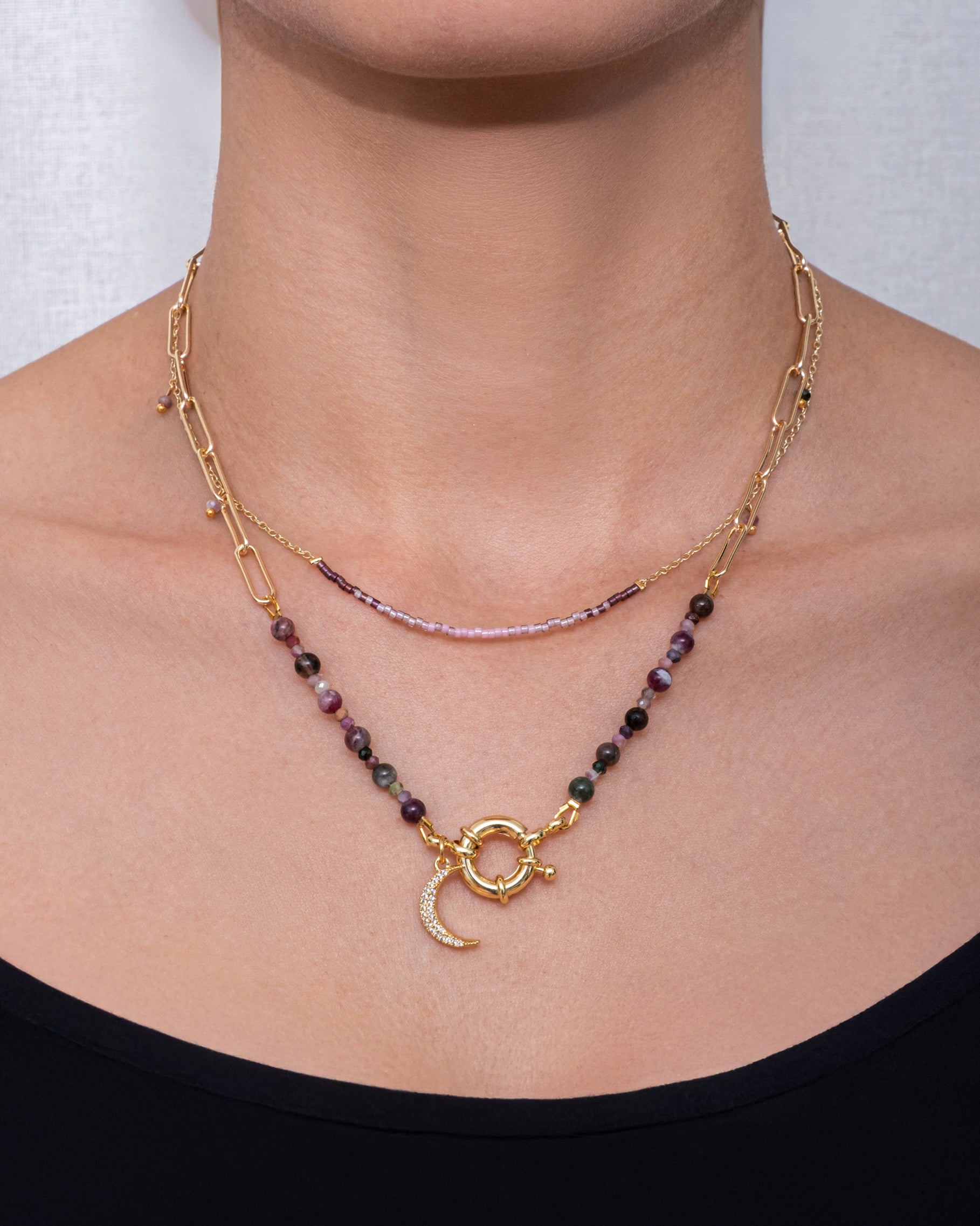 Beaded Charm and Chain Layering Necklace Set/2 - Midnight