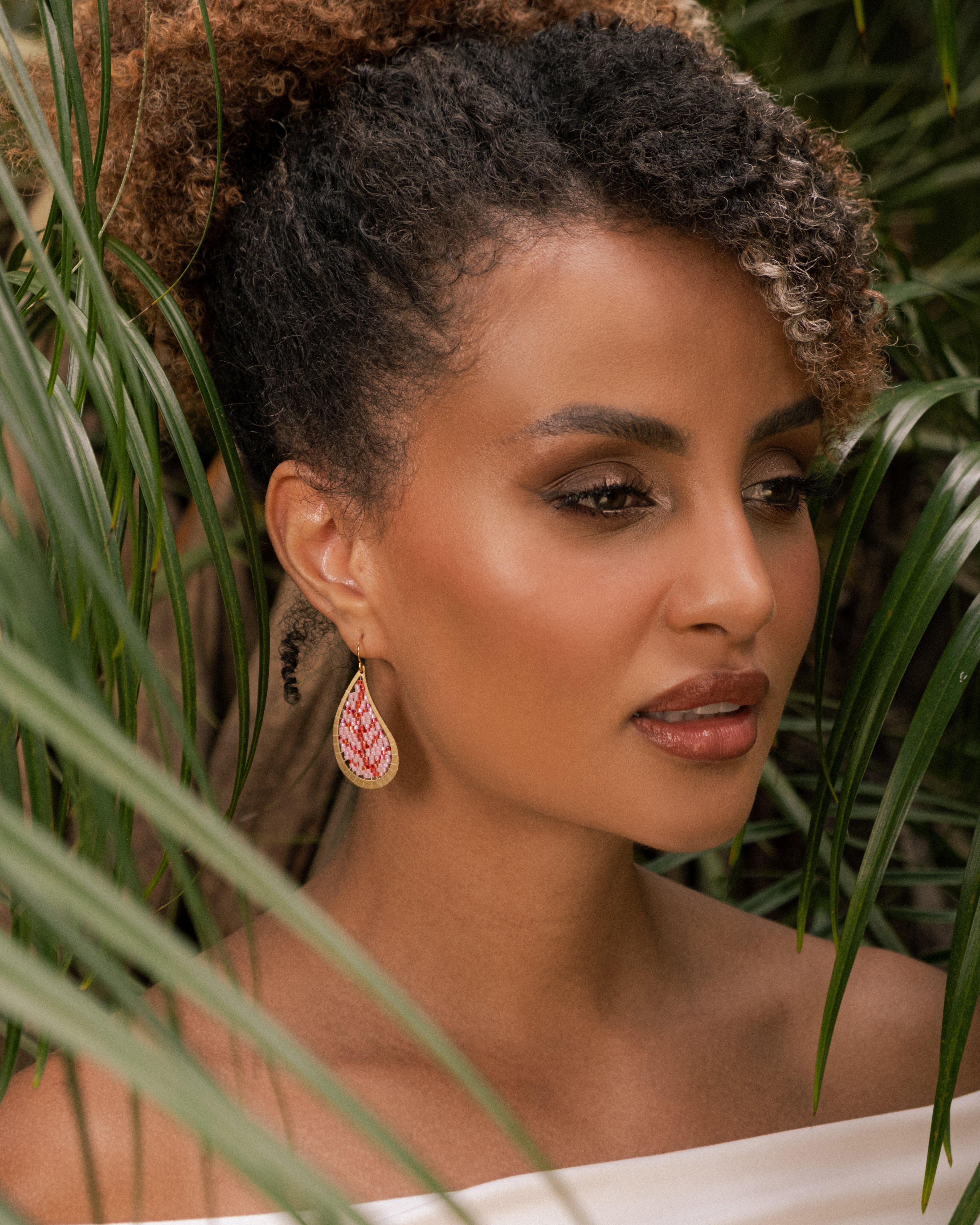 Beaded Handwoven Brass Framed Leaf Earrings - Green