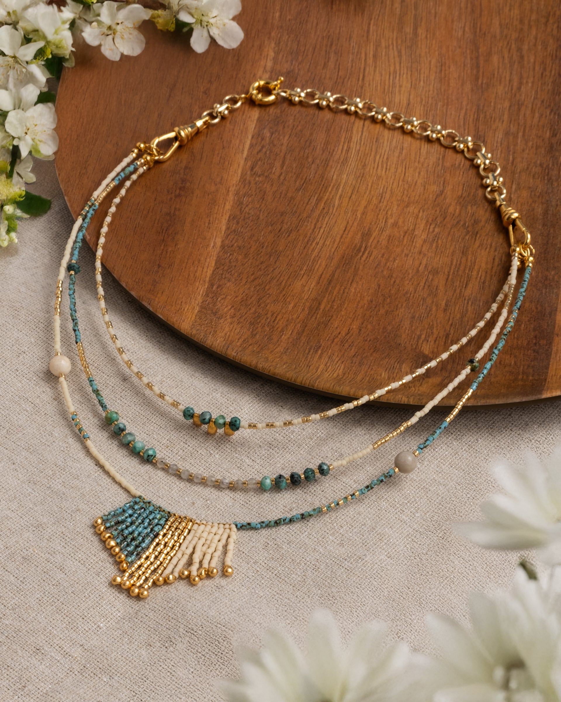 Handwoven Miyuki and Gem Fringe Layering Necklace (Aqua)