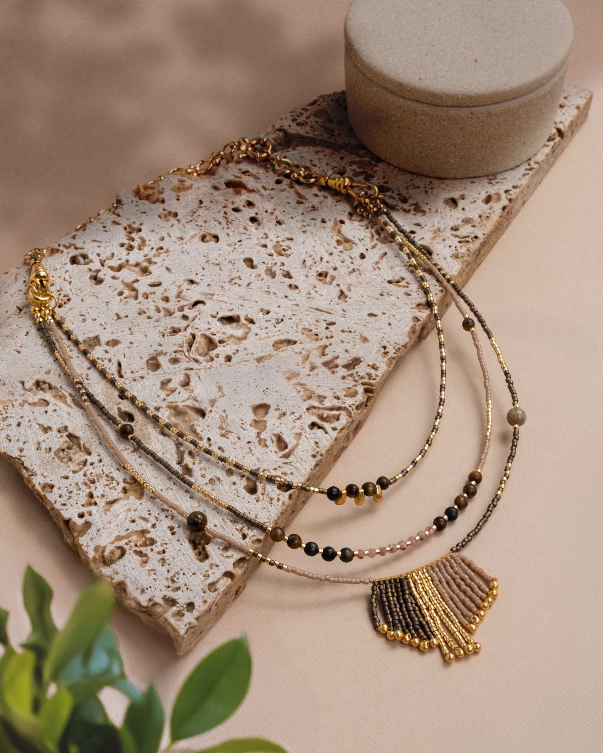 Handwoven Miyuki and Gem Fringe Layering Necklace (Blush)
