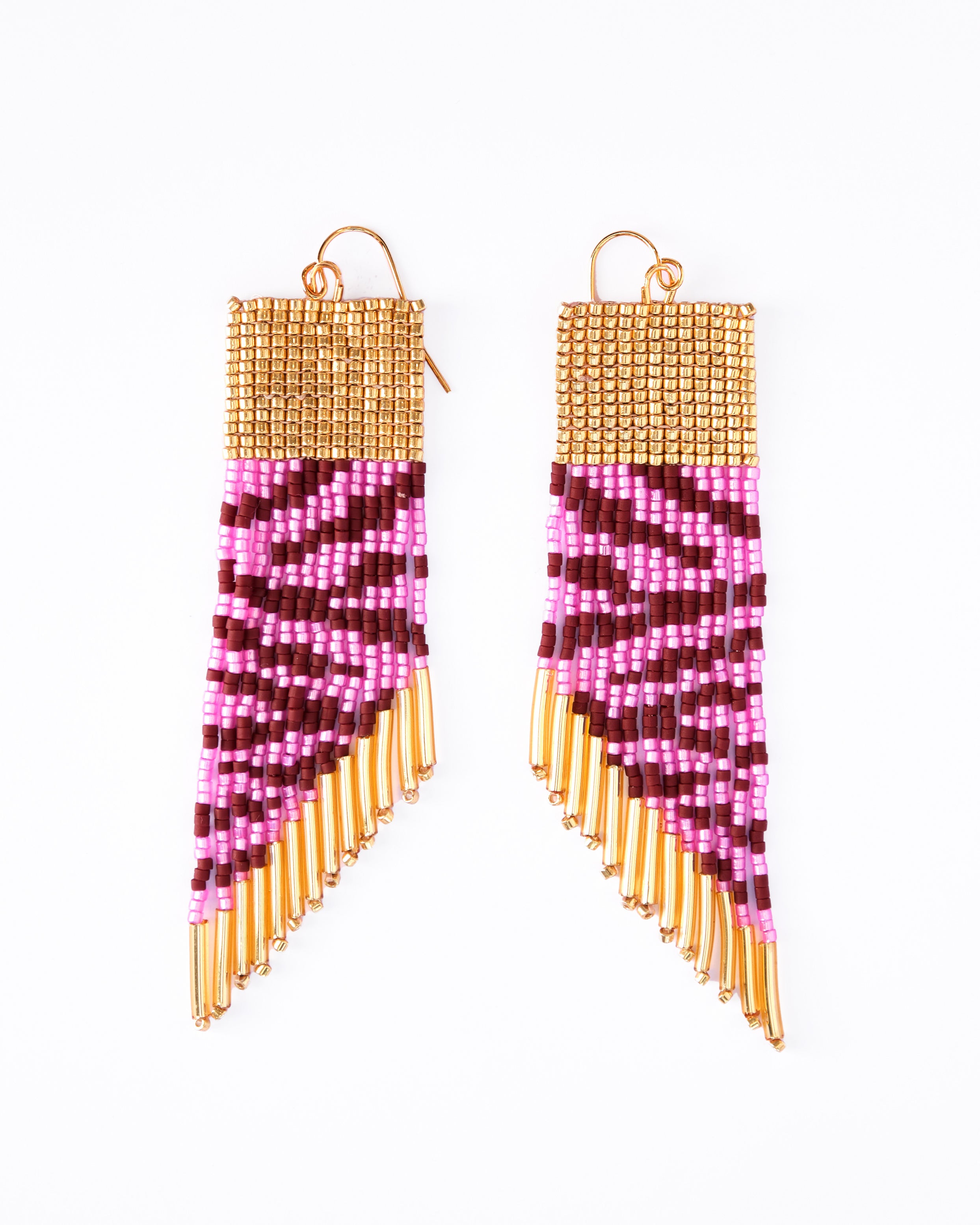 Beaded Handwoven Golden Zebra Fringe Earrings - Pink/Brown