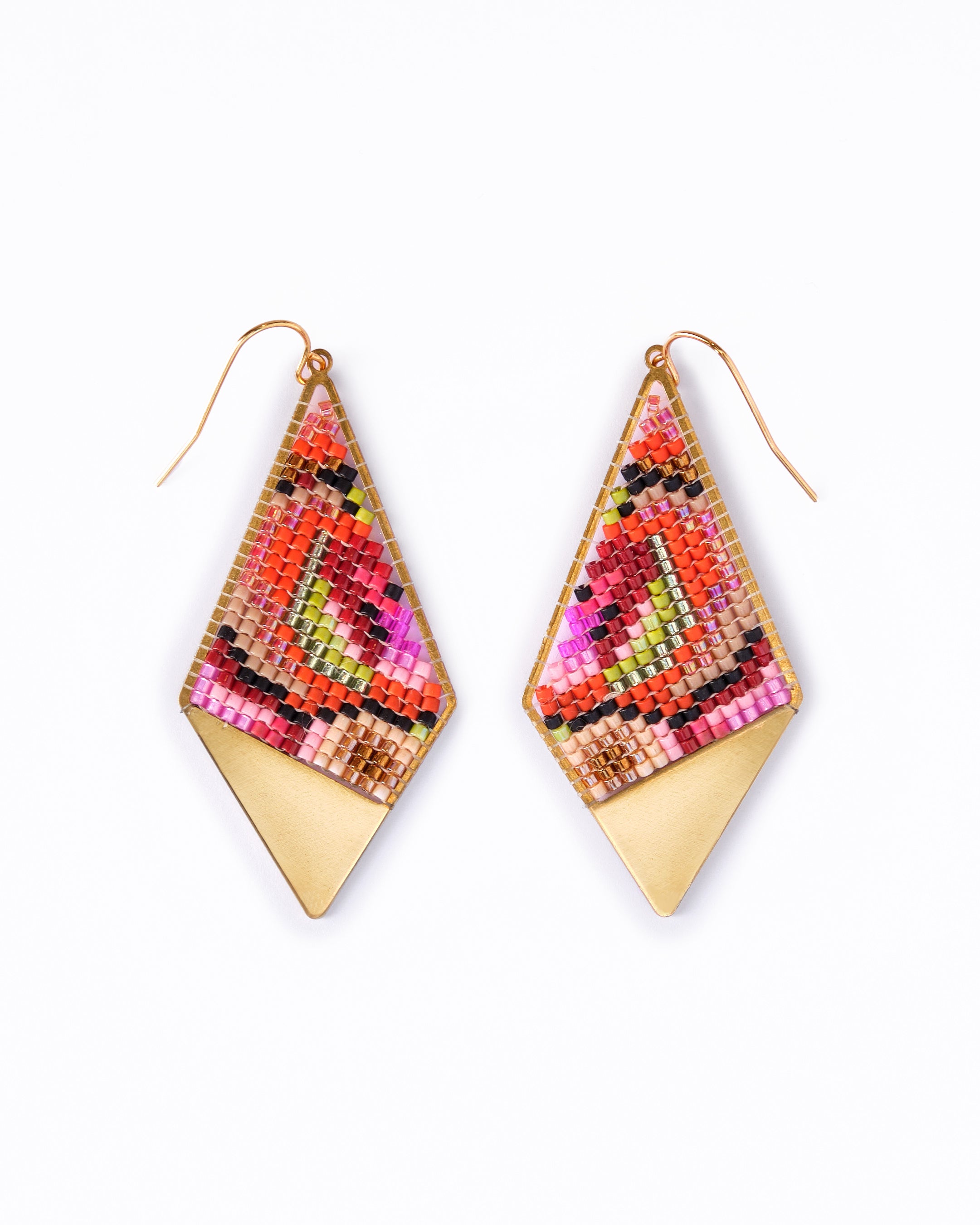Beaded Handwoven Kaleidoscope Kite Earrings - Pink/Orange