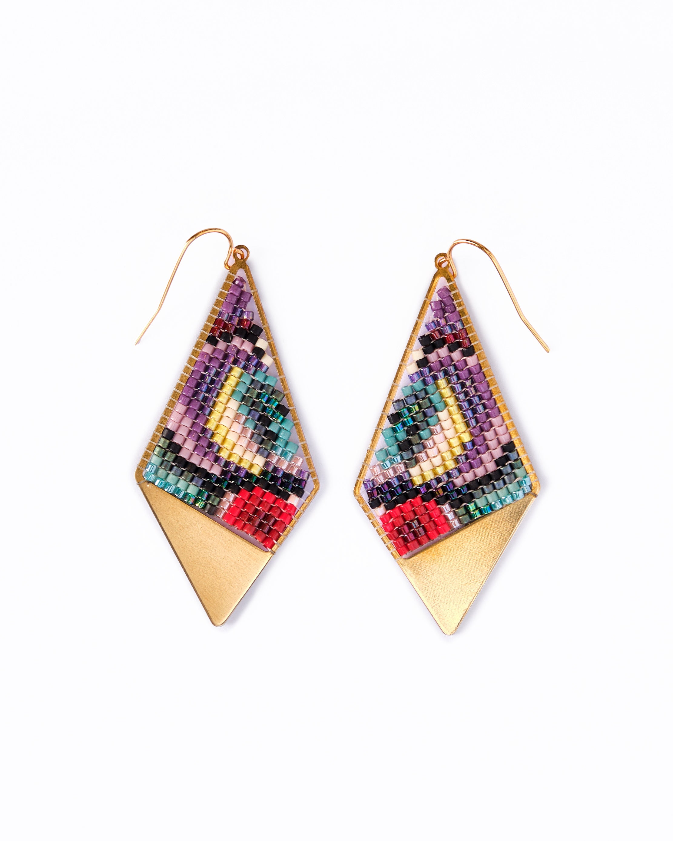 Beaded Handwoven Kaleidoscope Kite Earrings - Red/Purple