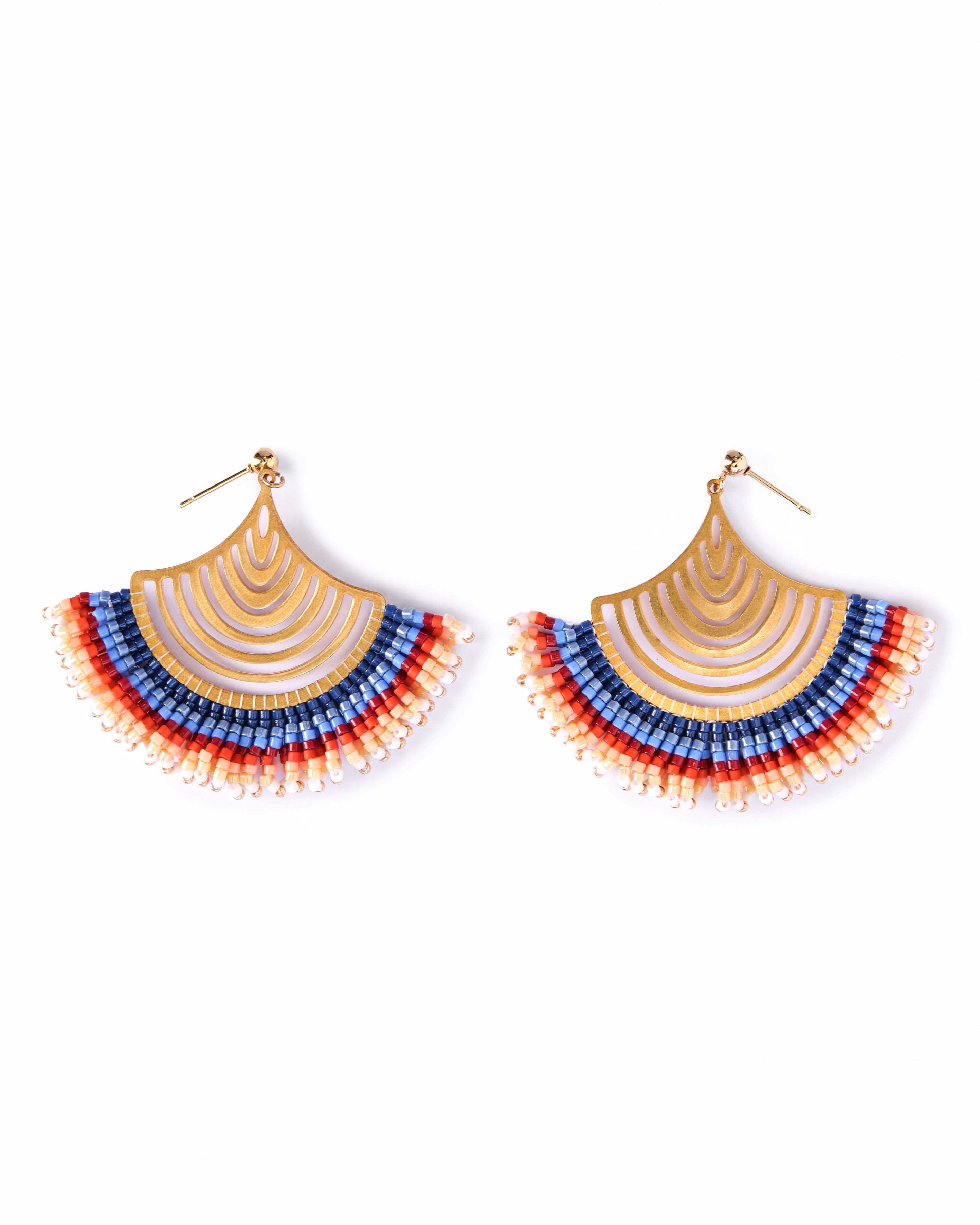 Beaded Handwoven Flamenco Fan Earrings - Blue