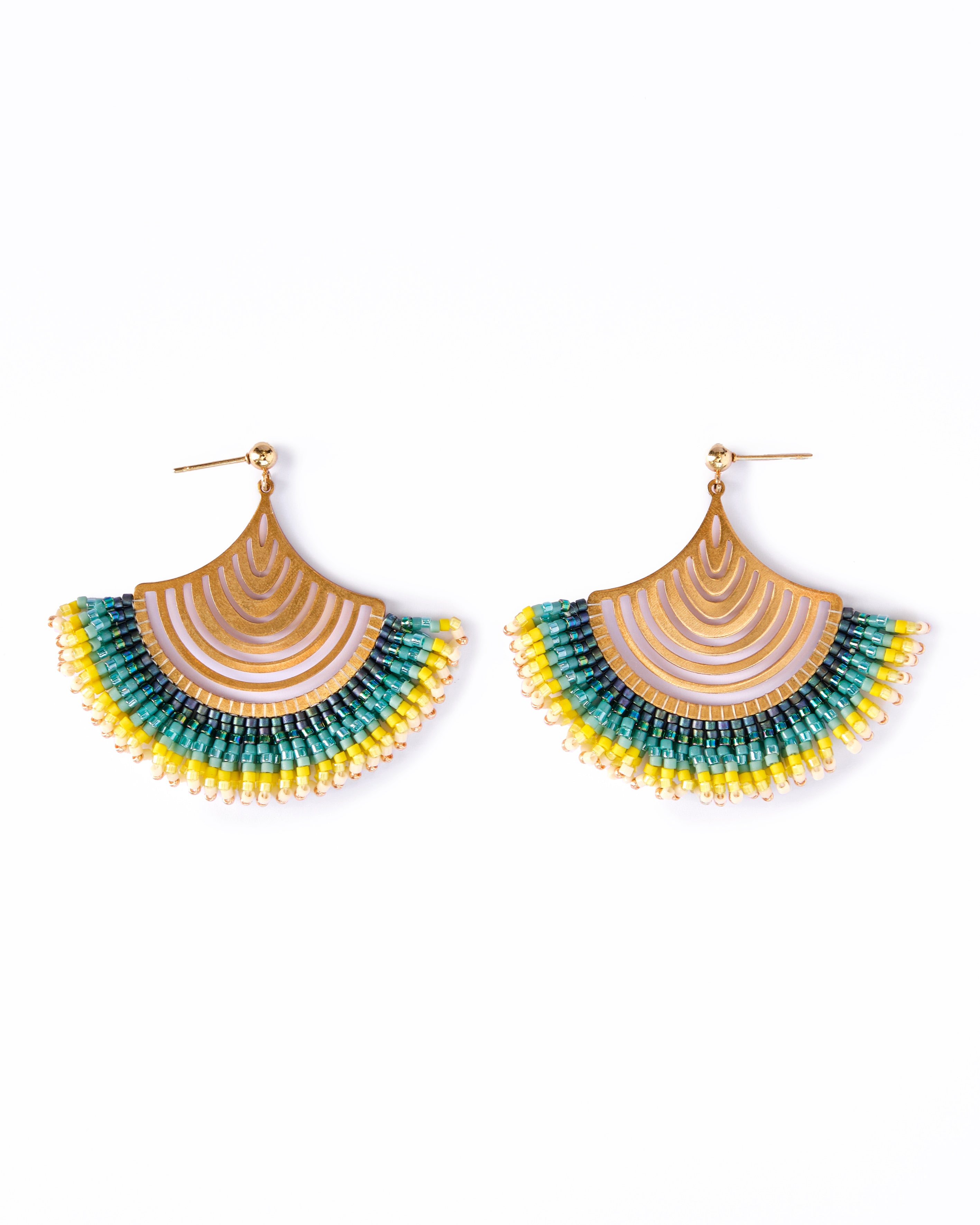 Beaded Handwoven Flamenco Fan Earrings - Aqua