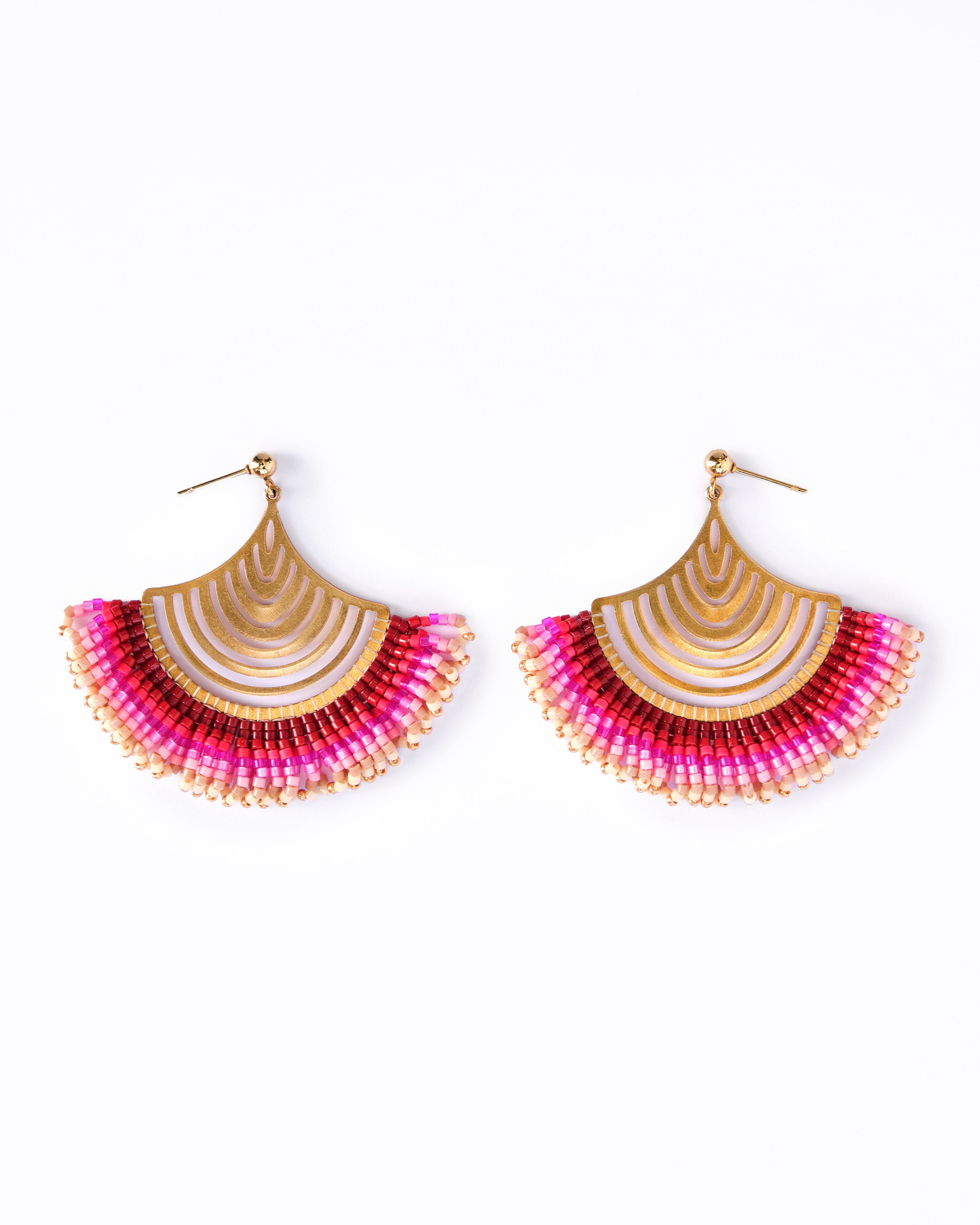 Beaded Handwoven Flamenco Fan Earrings - Pink