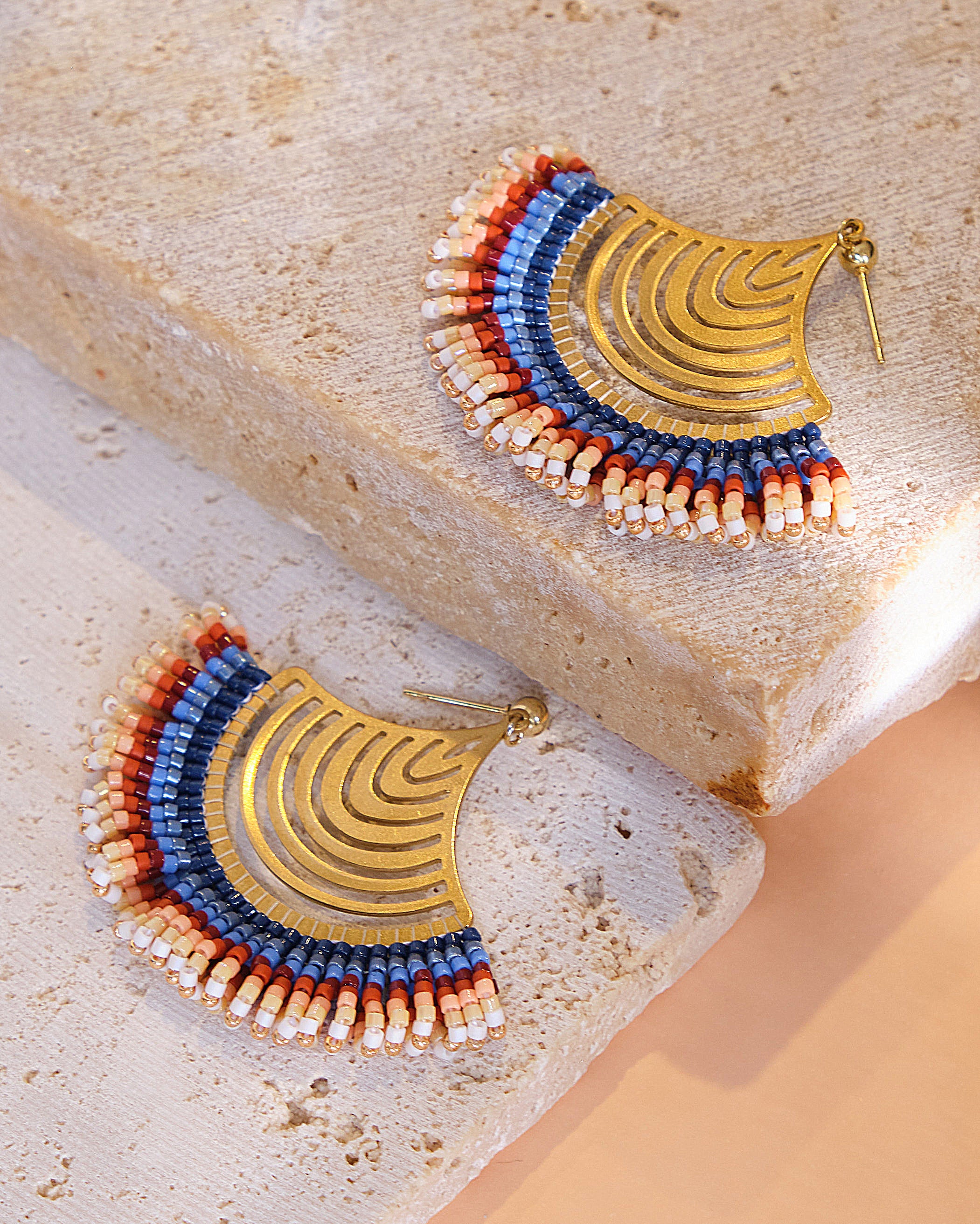 Beaded Handwoven Flamenco Fan Earrings - Blue