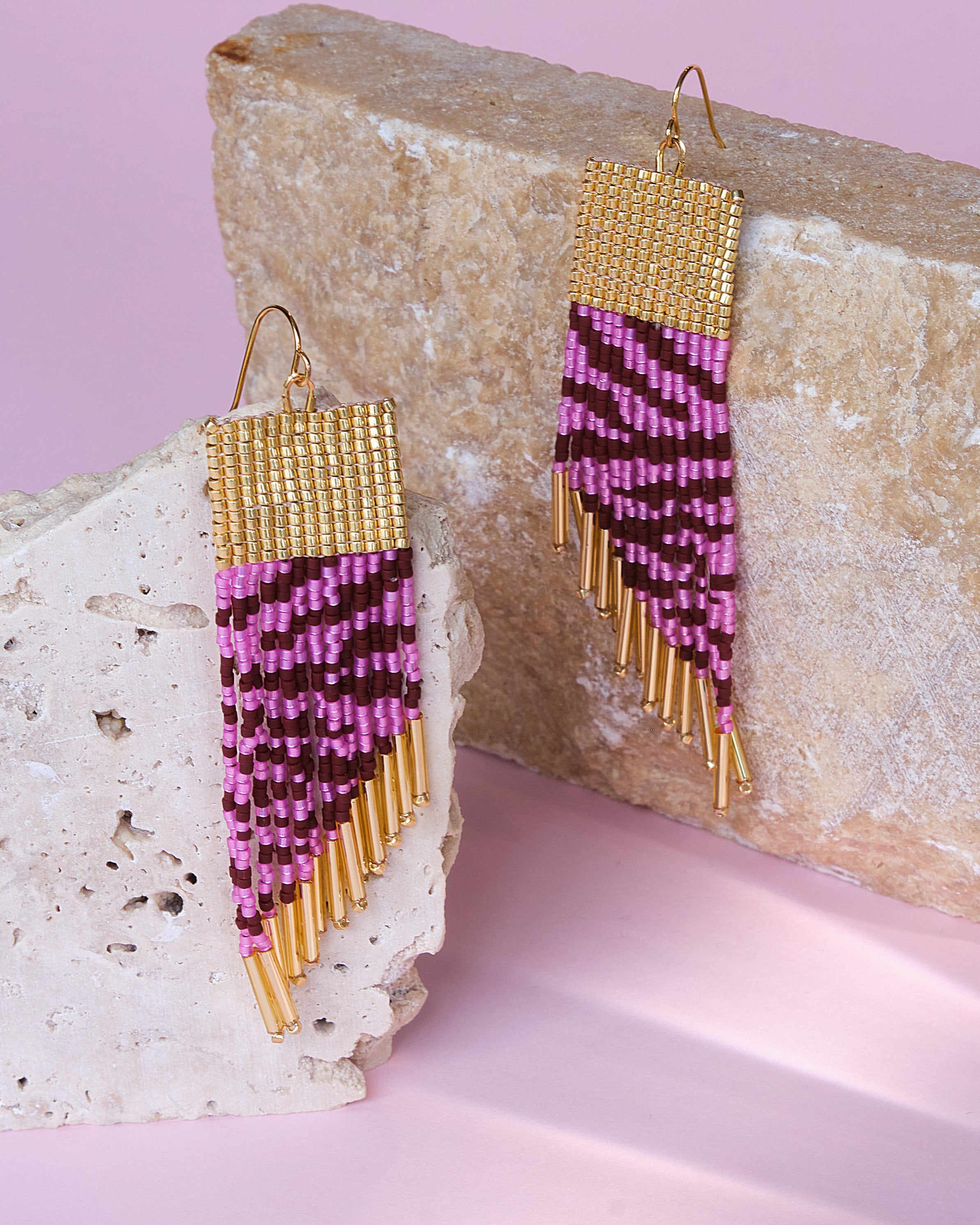 Beaded Handwoven Golden Zebra Fringe Earrings - Pink/Brown
