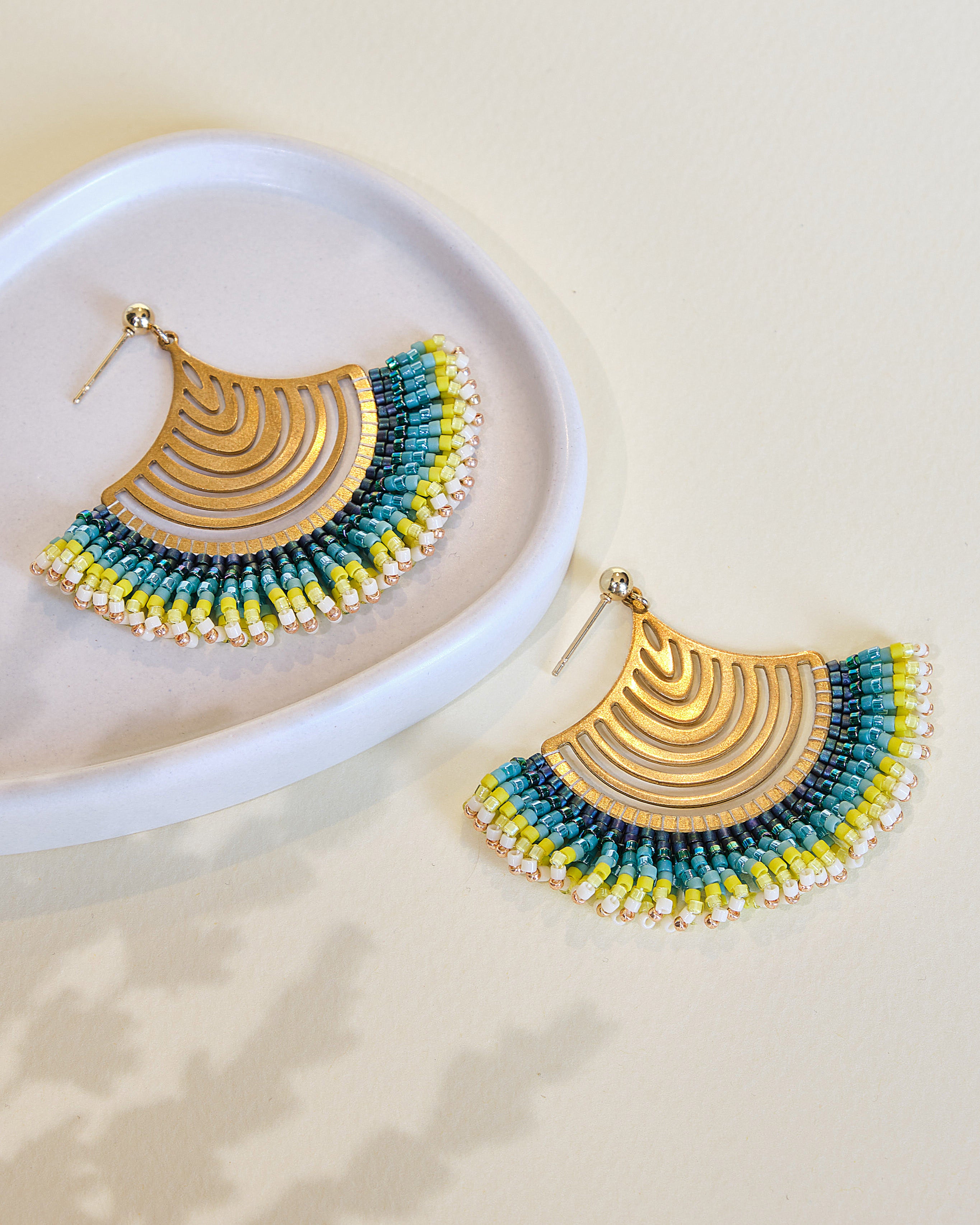 Beaded Handwoven Flamenco Fan Earrings - Aqua
