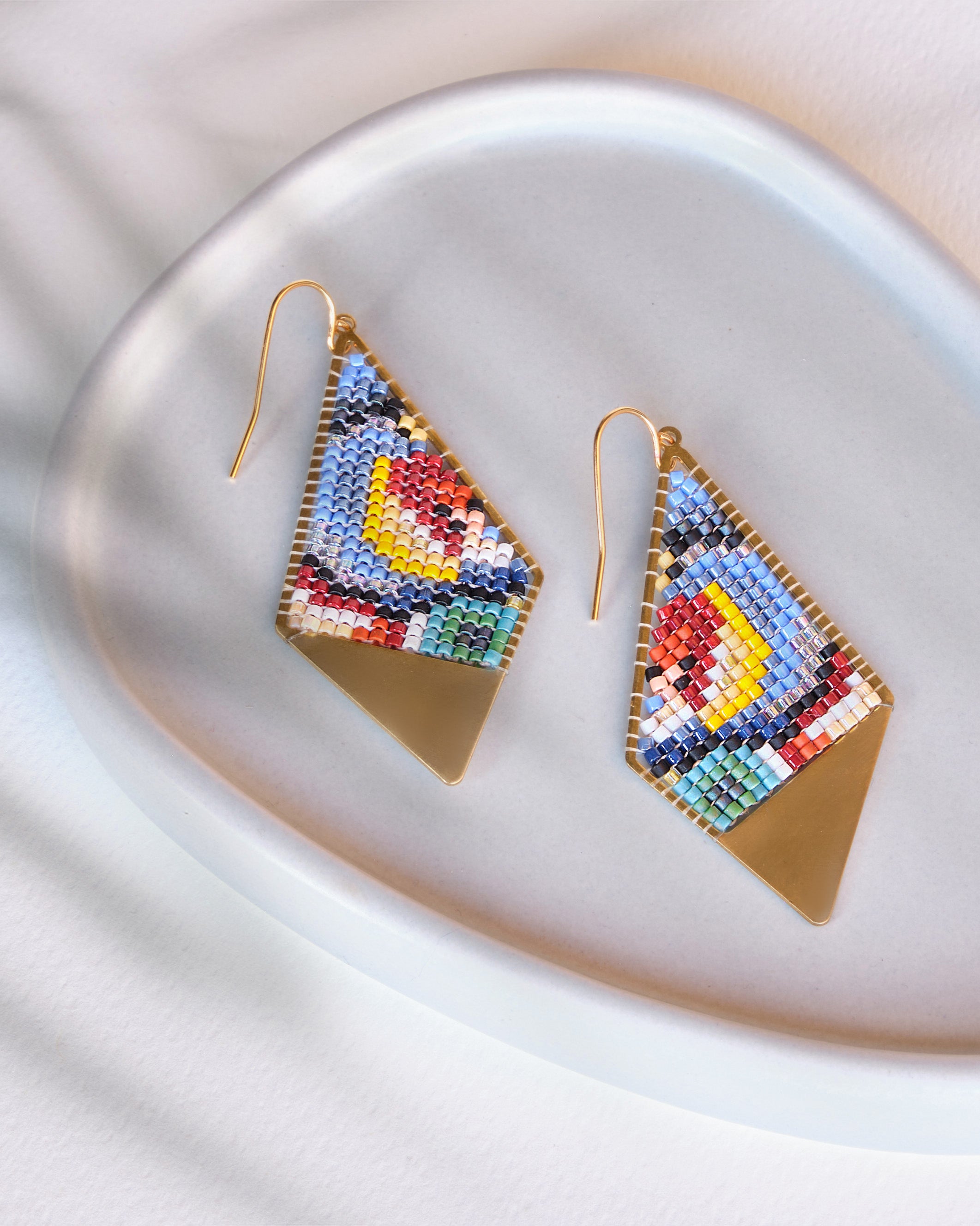 Beaded Handwoven Kaleidoscope Kite Earrings - Blue/Green