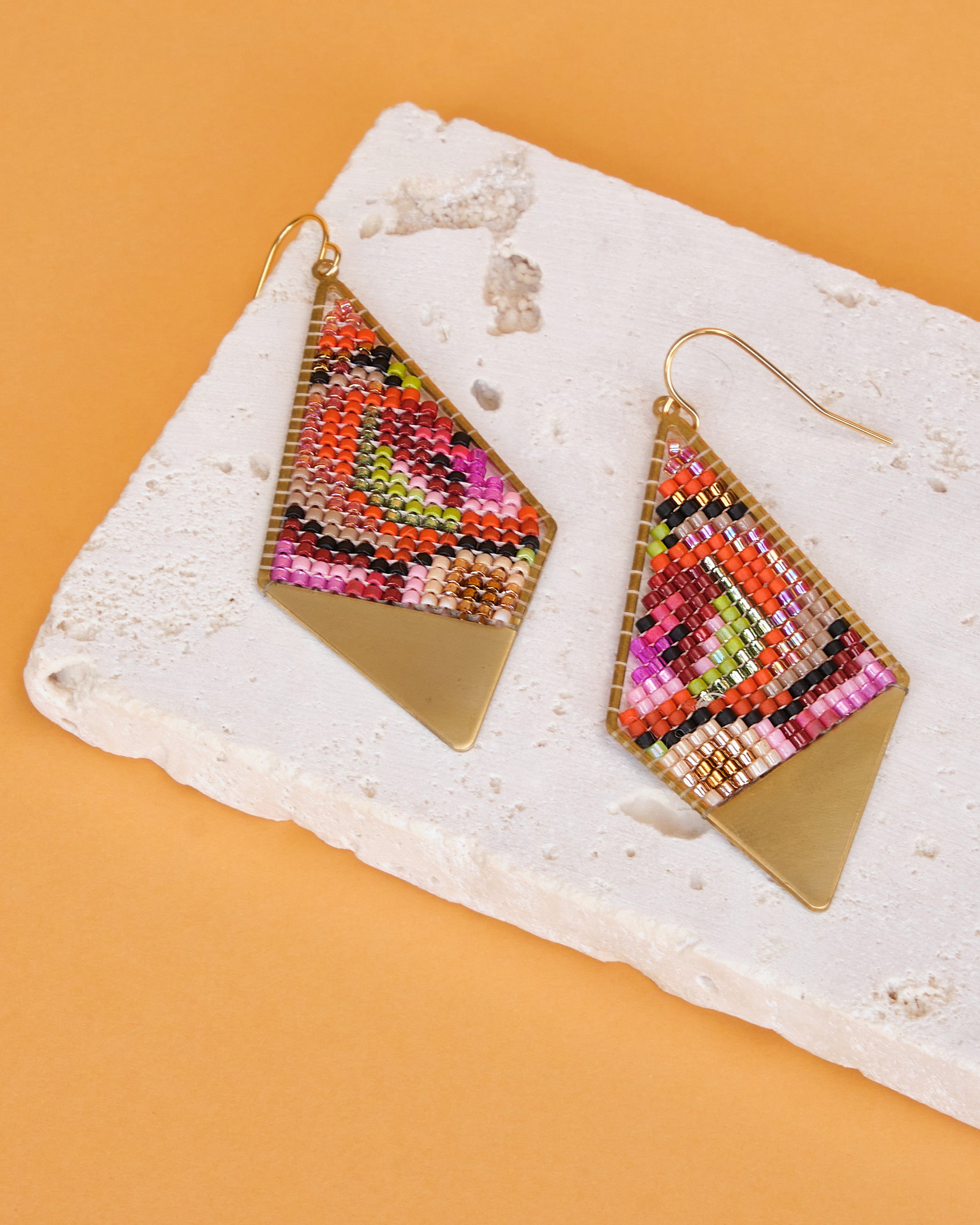 Beaded Handwoven Kaleidoscope Kite Earrings - Pink/Orange