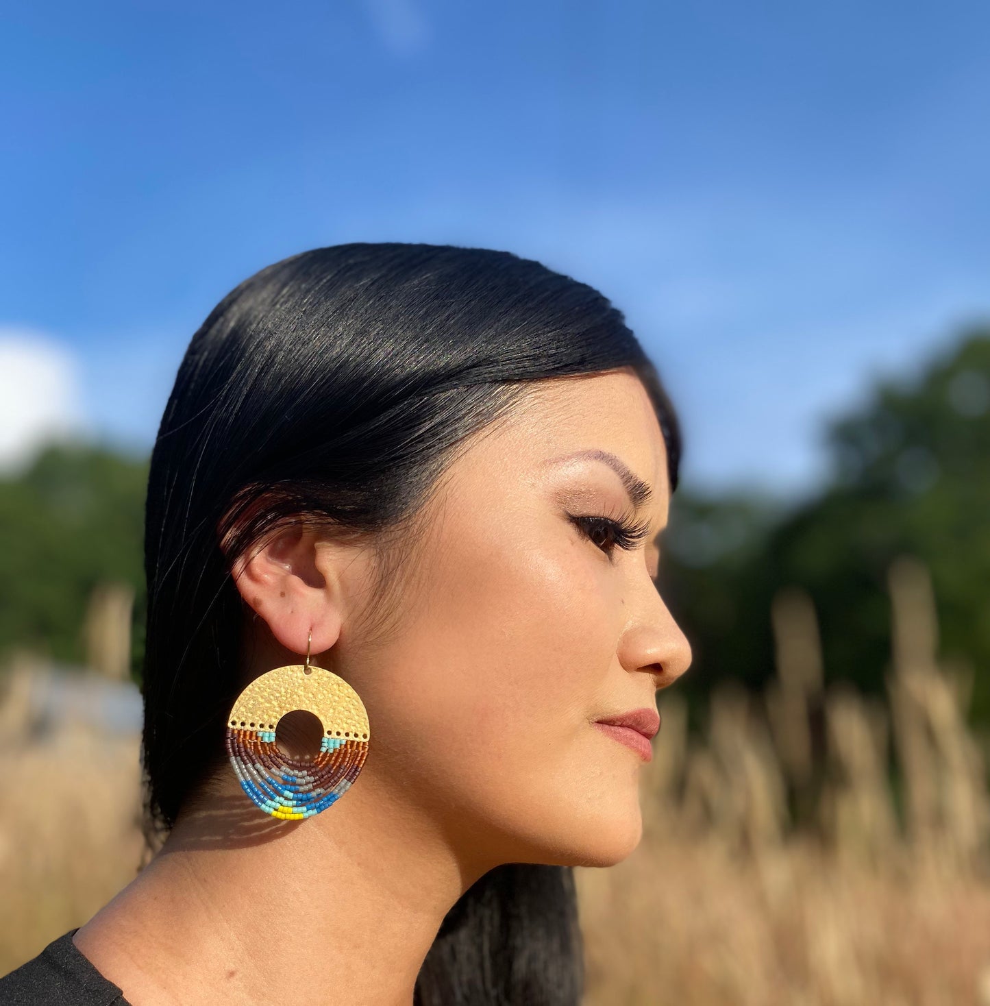 Beaded Handwoven Organic Circular Fringe Earrings