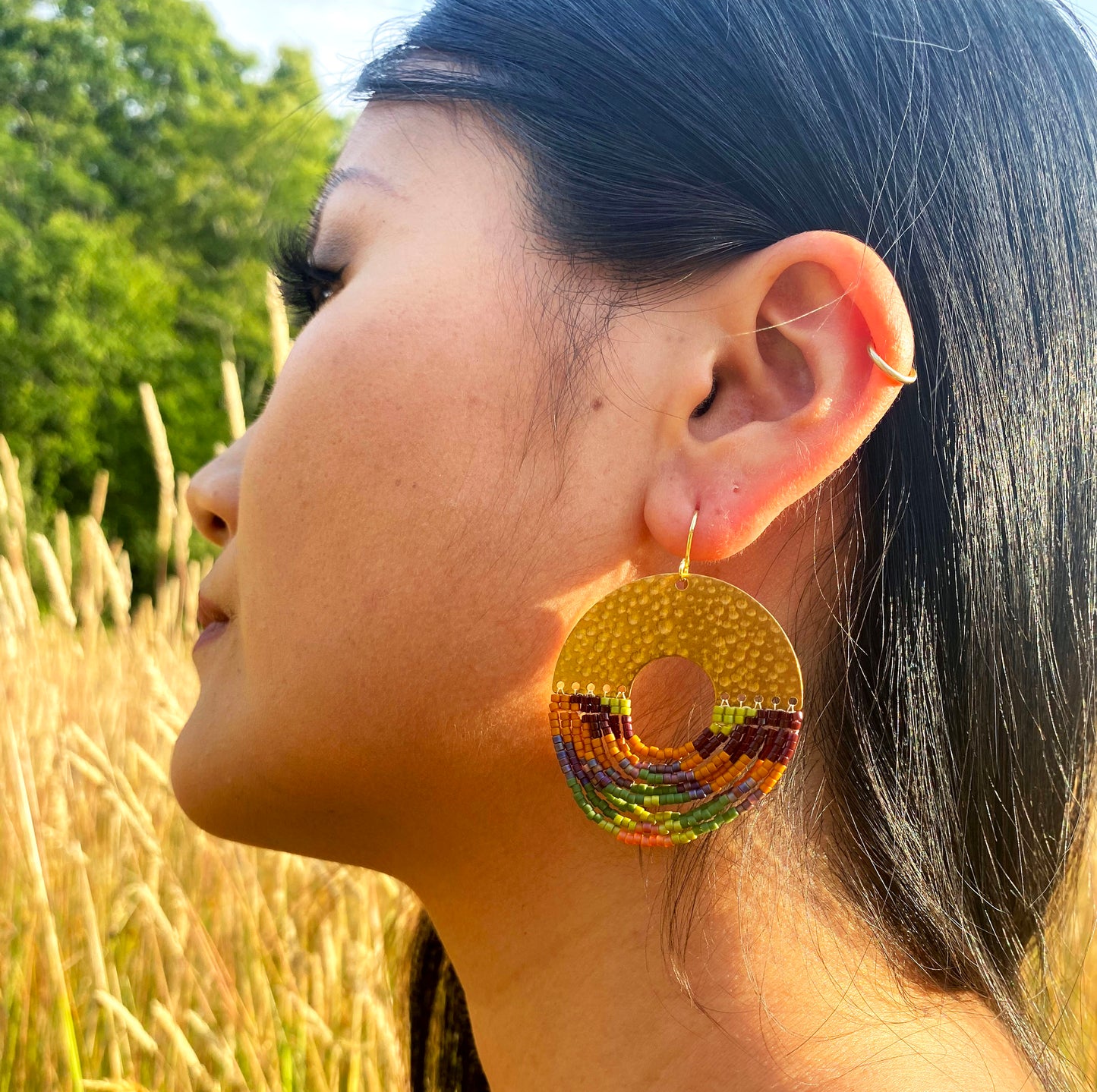 Beaded Handwoven Organic Circular Fringe Earrings