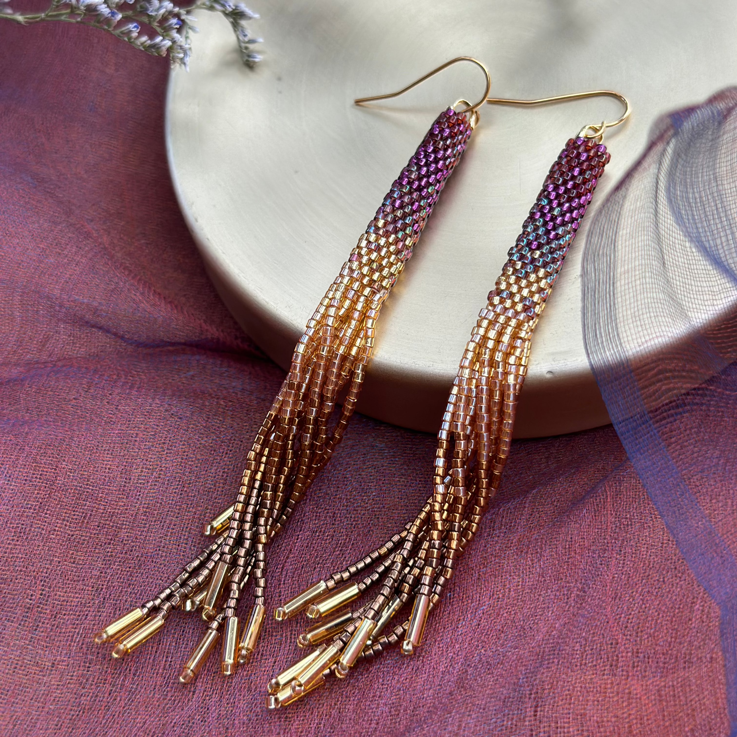 Handwoven Beaded Ombre Tassel Earrings - Violet