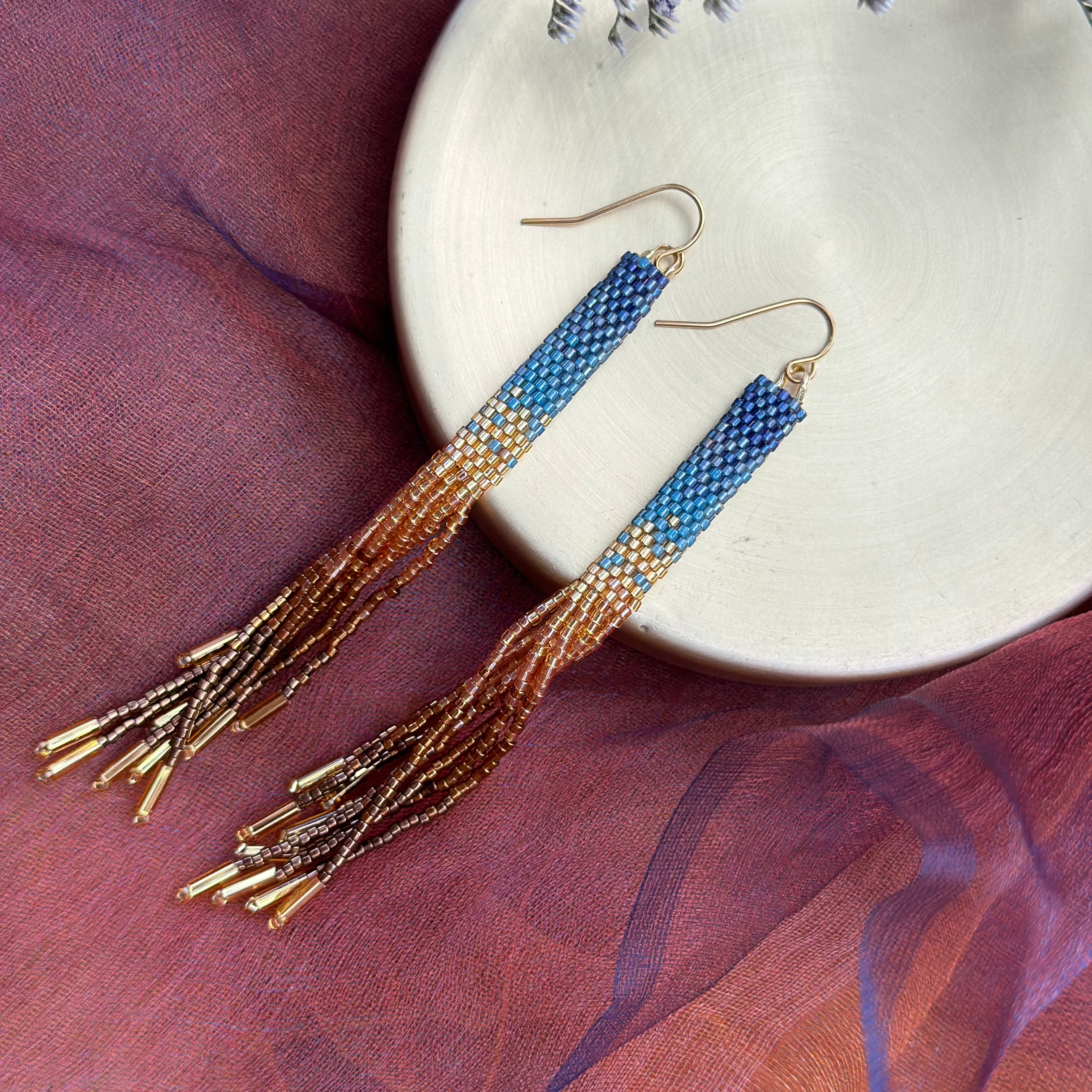Handwoven Beaded Ombre Tassel Earrings - Indigo