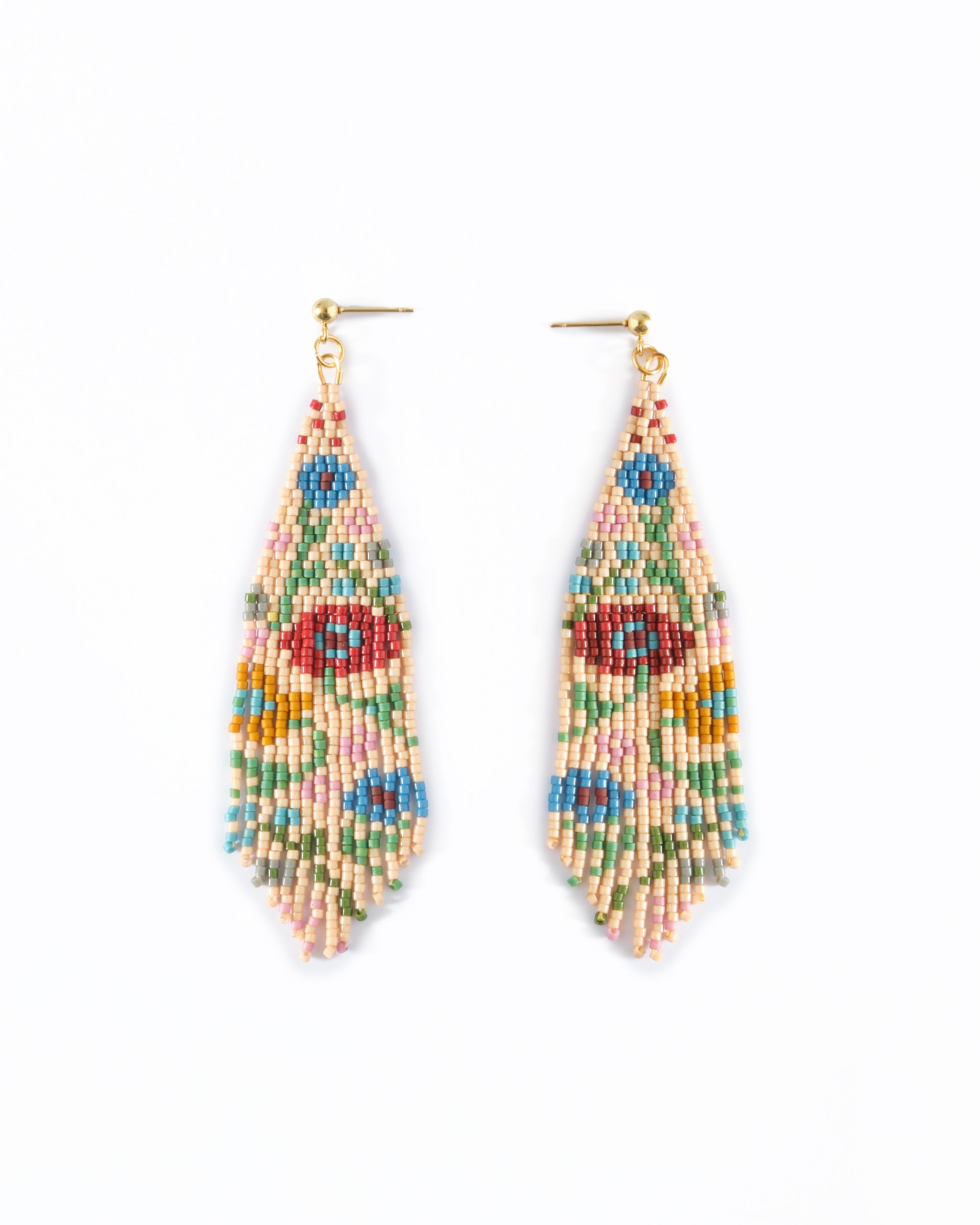 Beaded Handwoven Wildflower Fringe Earrings - Tan