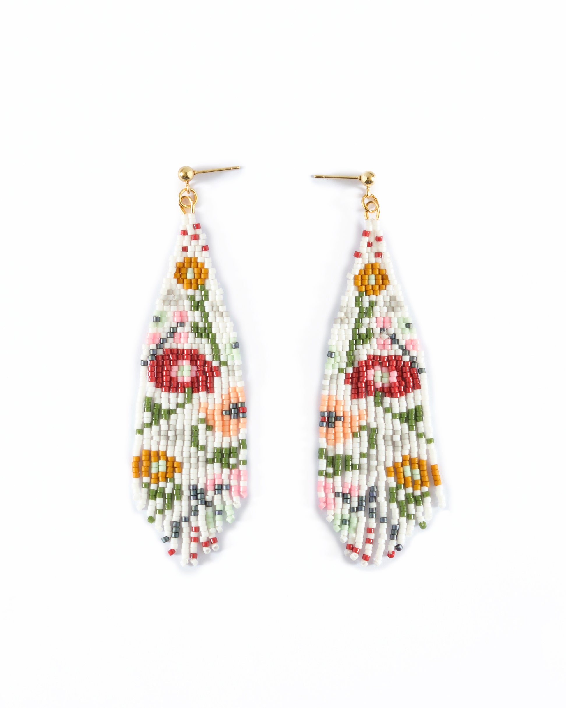 Beaded Handwoven Wildflower Fringe Earrings - White