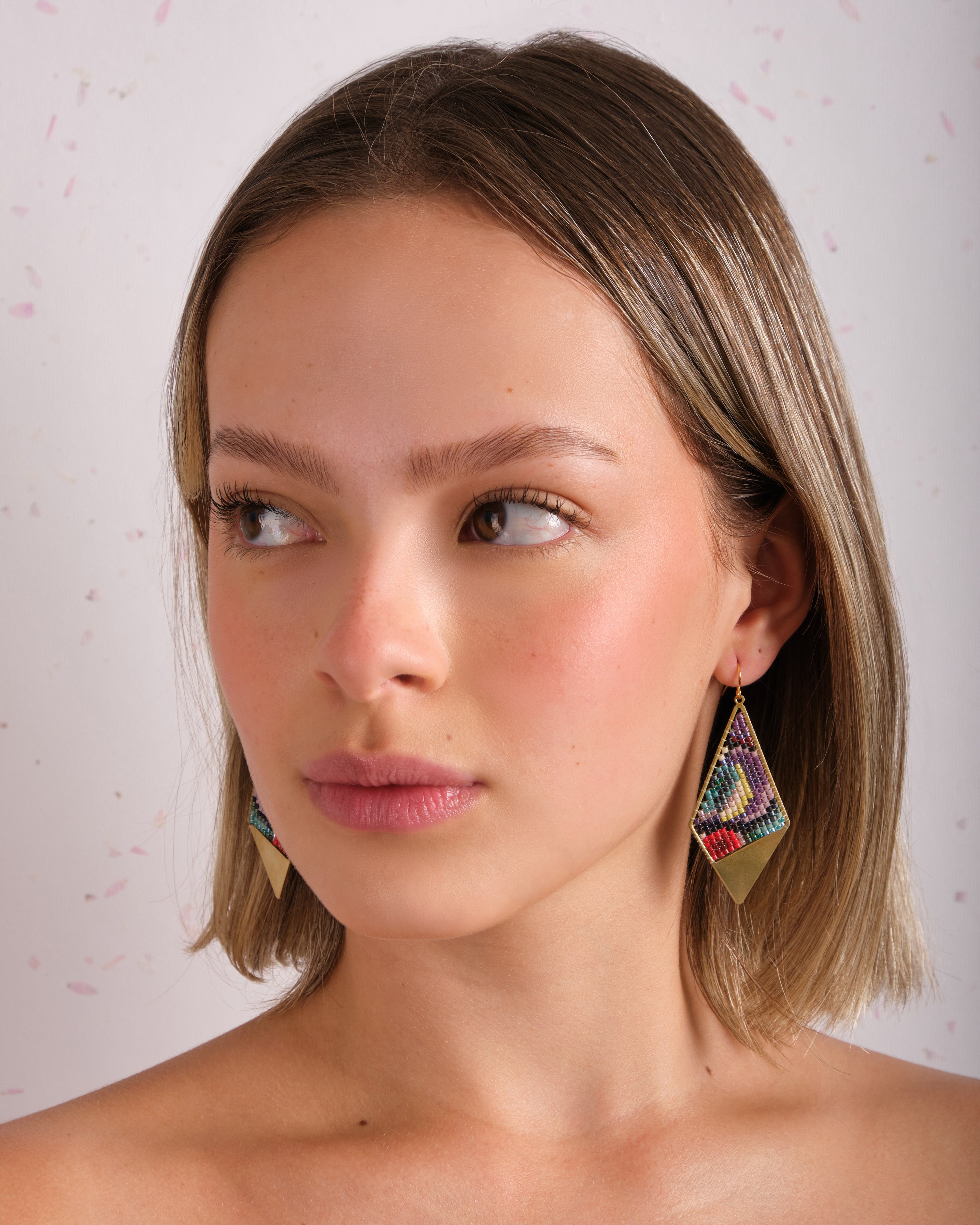 Beaded Handwoven Kaleidoscope Kite Earrings - Red/Purple