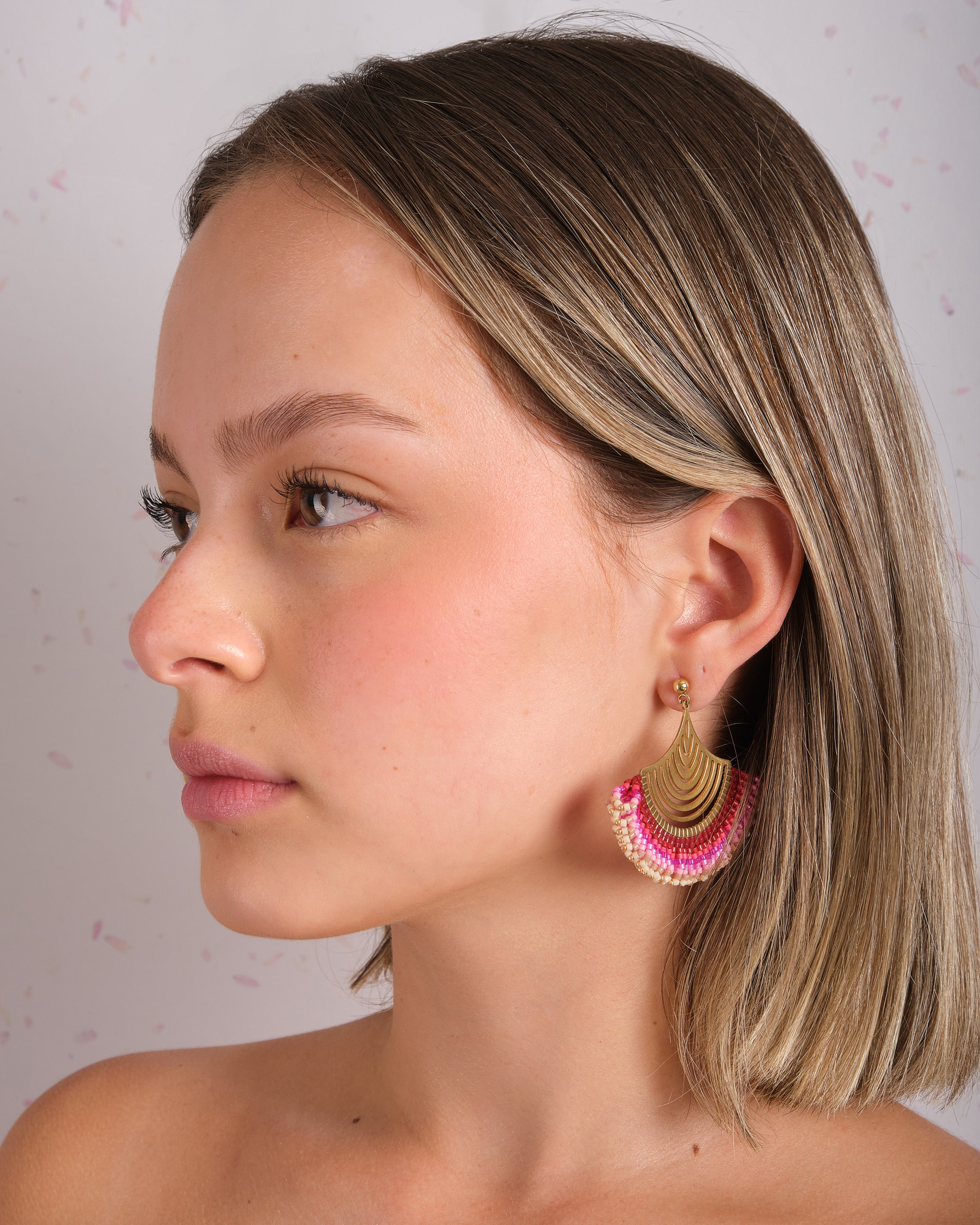 Beaded Handwoven Flamenco Fan Earrings - Pink